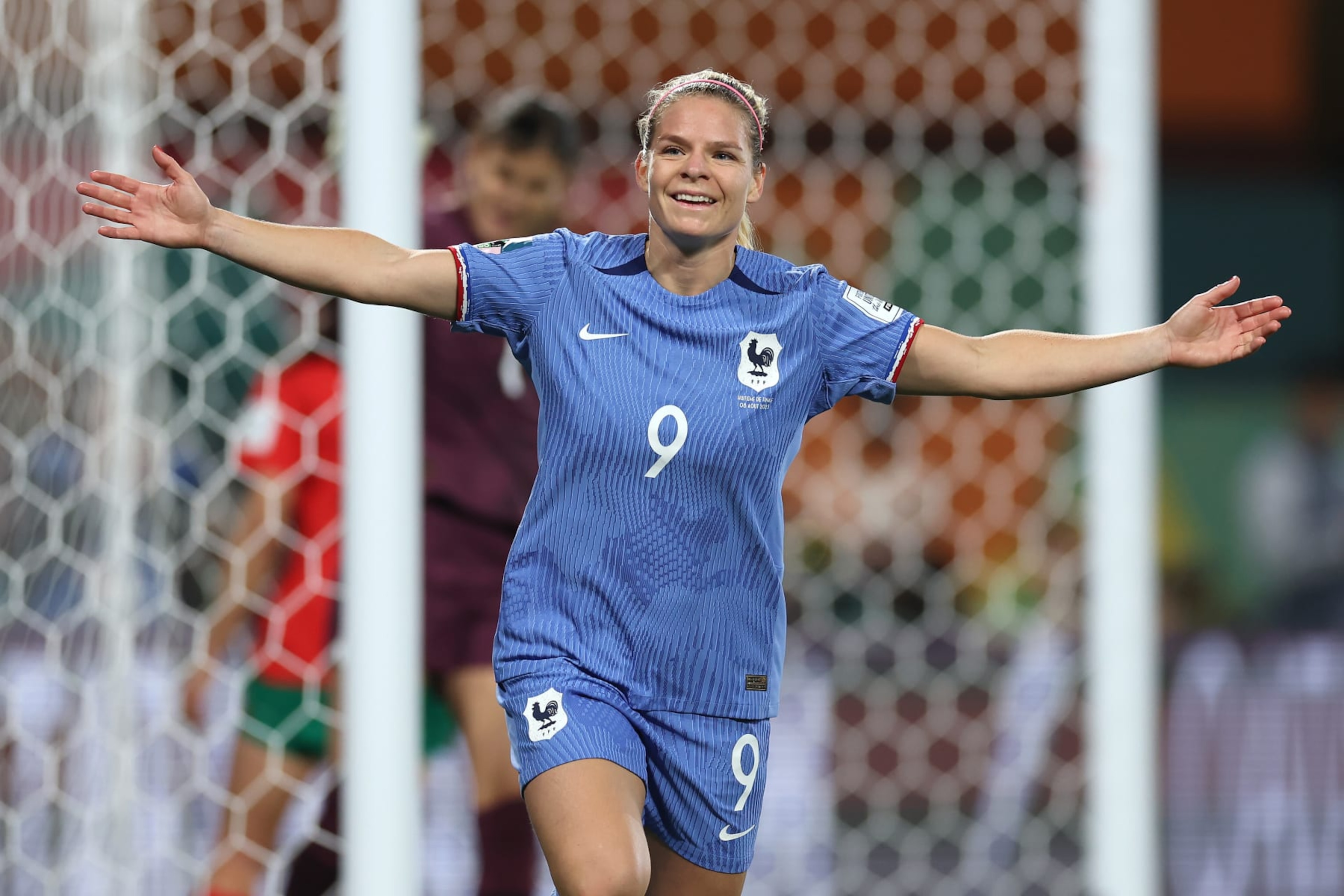 ADELAIDE, AUSTRALIA - AUGUST 08: Eugenie Le Sommer of France celebrates after scoring her team's fourth goal during the FIFA Women's World Cup Australia & New Zealand 2023 Round of 16 match between France and Morocco at Hindmarsh Stadium on August 08, 2023 in Adelaide / Tarntanya, Australia. (Photo by Maddie Meyer - FIFA/FIFA via Getty Images)