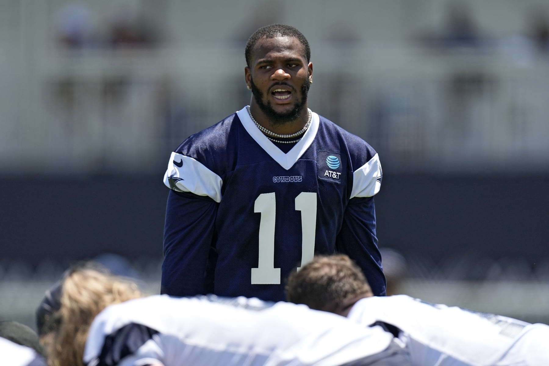 Dallas Cowboys linebacker Micah Parsons gets set to run a play during the NFL football team's training camp Wednesday, July 26, 2023, in Oxnard, Calif. (AP Photo/Mark J. Terrill)