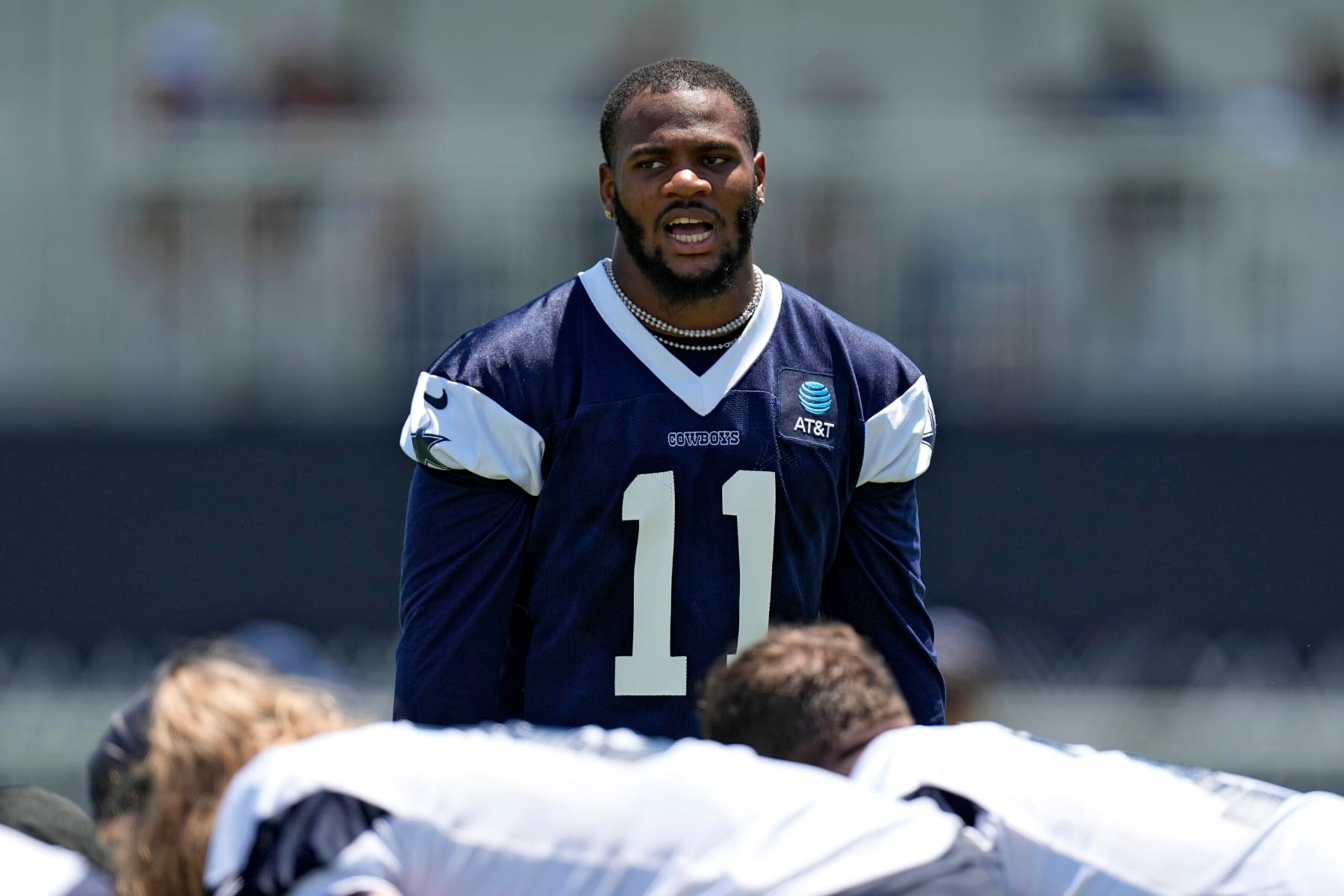 Dallas Cowboys linebacker Micah Parsons gets set to run a play during the NFL football team's training camp Wednesday, July 26, 2023, in Oxnard, Calif. (AP Photo/Mark J. Terrill)