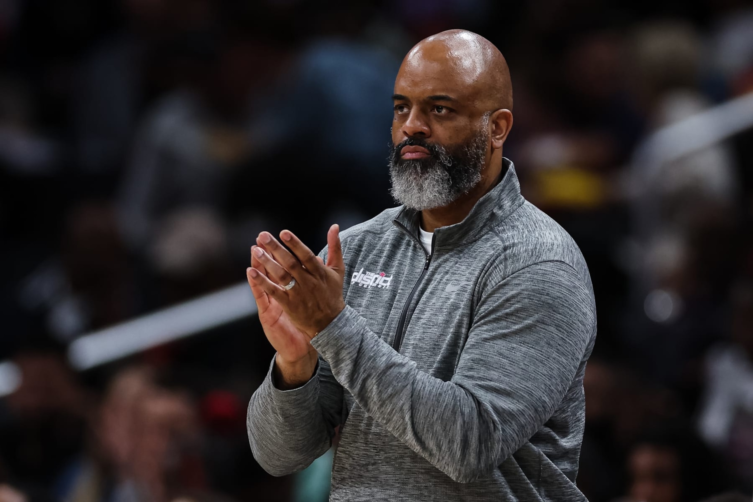 WASHINGTON, DC - APRIL 09: Head coach Wes Unseld Jr. of the Washington Wizards reacts to a play against the Houston Rockets during the first half at Capital One Arena on April 9, 2023 in Washington, DC. NOTE TO USER: User expressly acknowledges and agrees that, by downloading and or using this photograph, User is consenting to the terms and conditions of the Getty Images License Agreement. (Photo by Scott Taetsch/Getty Images)