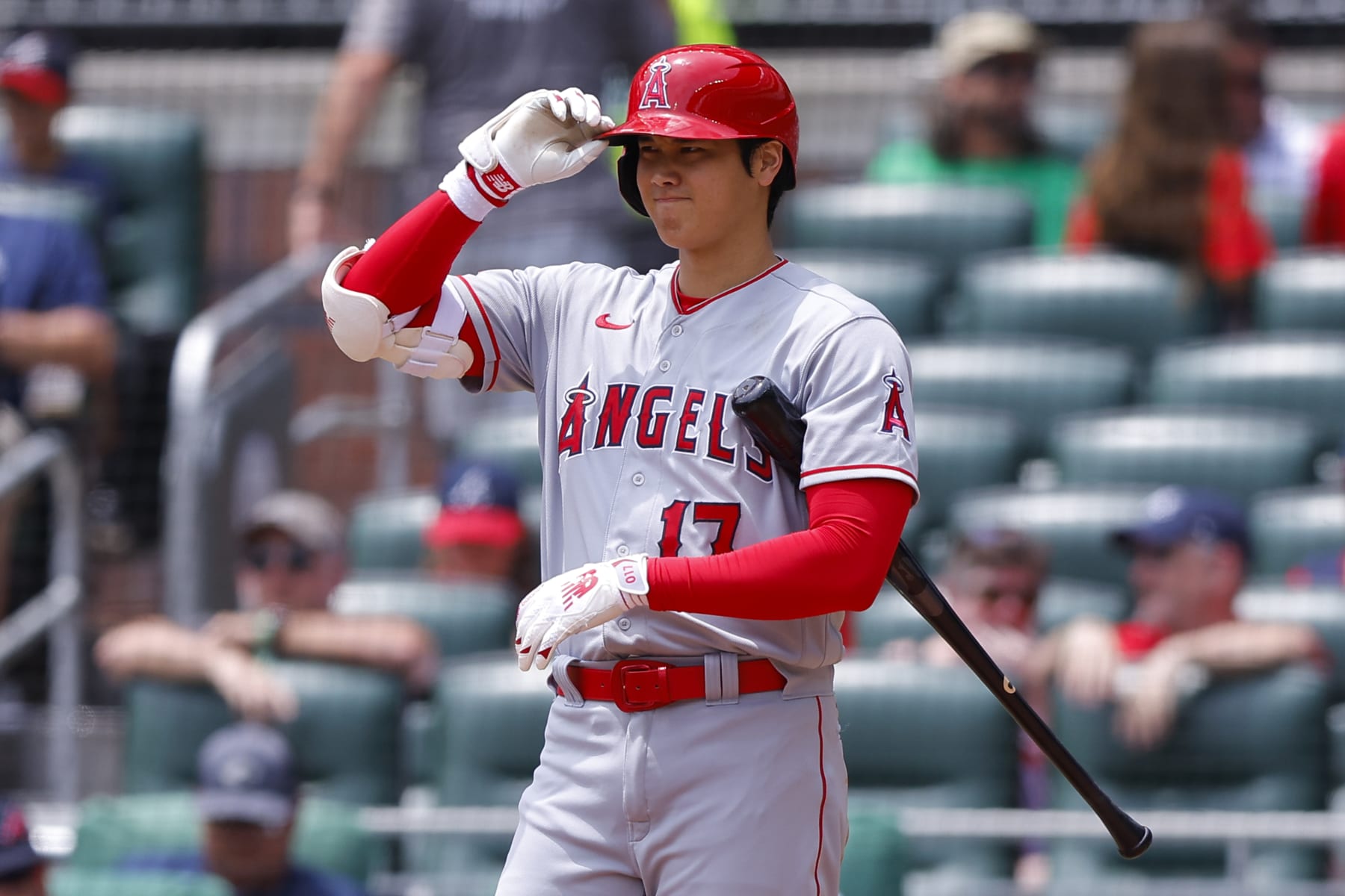 ATLANTA, GEORGIA - AUGUST 2: Shohei Ohtani #17 of the Los Angeles Angels comes to bat during the sixth inning against the Atlanta Braves at Truist Park on August 2, 2023 in Atlanta, Georgia. (Photo by Todd Kirkland/Getty Images)