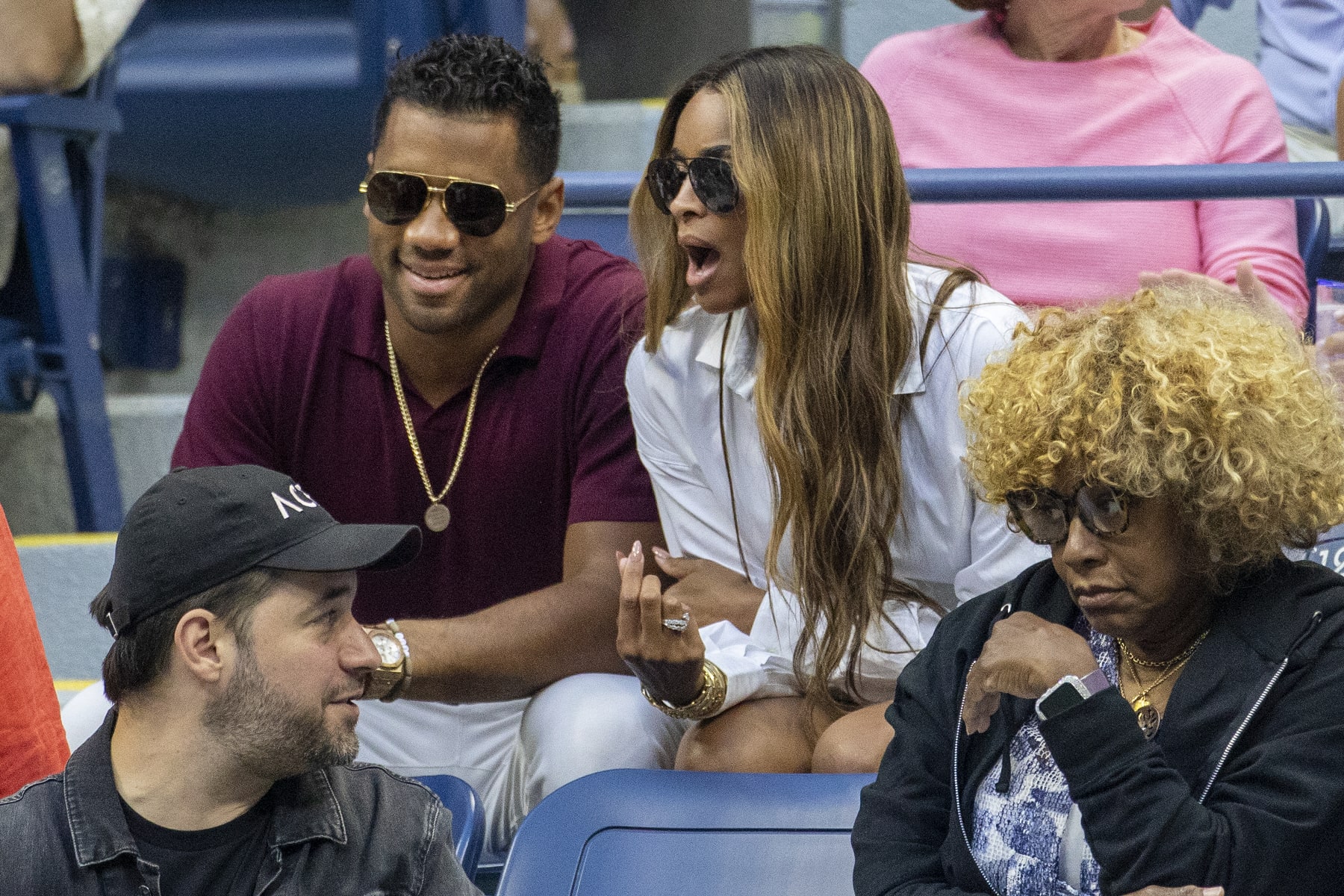 NEW YORK, USA, September 02: Russell Wilson and wife Ciara Wilson in the team box of Serena Williams of the United States during her match on Arthur Ashe Stadium in the Women's Singles third round match during the US Open Tennis Championship 2022 at the USTA National Tennis Centre on September 2nd 2022 in Flushing, Queens, New York City. (Photo by Tim Clayton/Corbis via Getty Images)