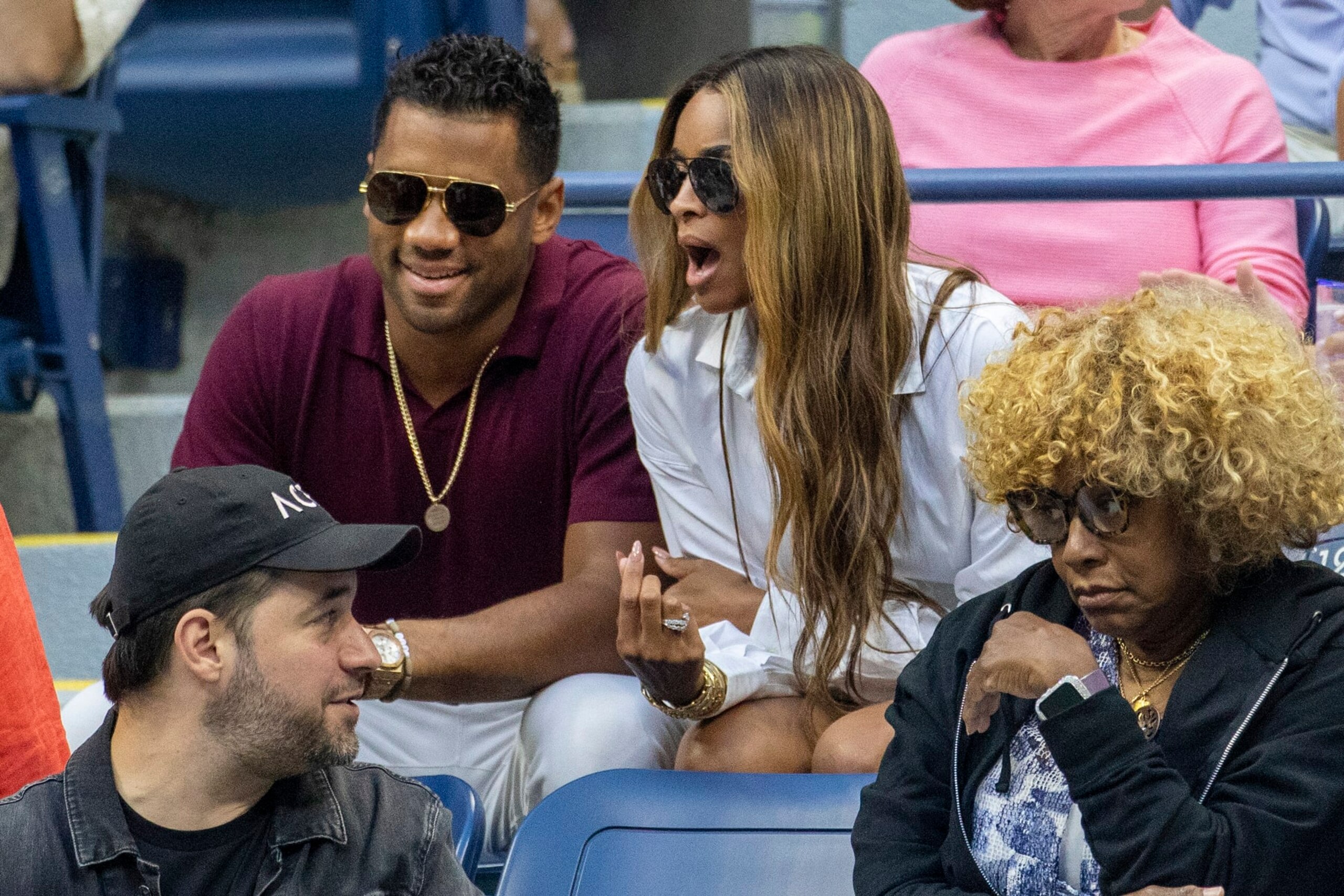 NEW YORK, USA, September 02: Russell Wilson and wife Ciara Wilson in the team box of Serena Williams of the United States during her match on Arthur Ashe Stadium in the Women's Singles third round match during the US Open Tennis Championship 2022 at the USTA National Tennis Centre on September 2nd 2022 in Flushing, Queens, New York City. (Photo by Tim Clayton/Corbis via Getty Images)