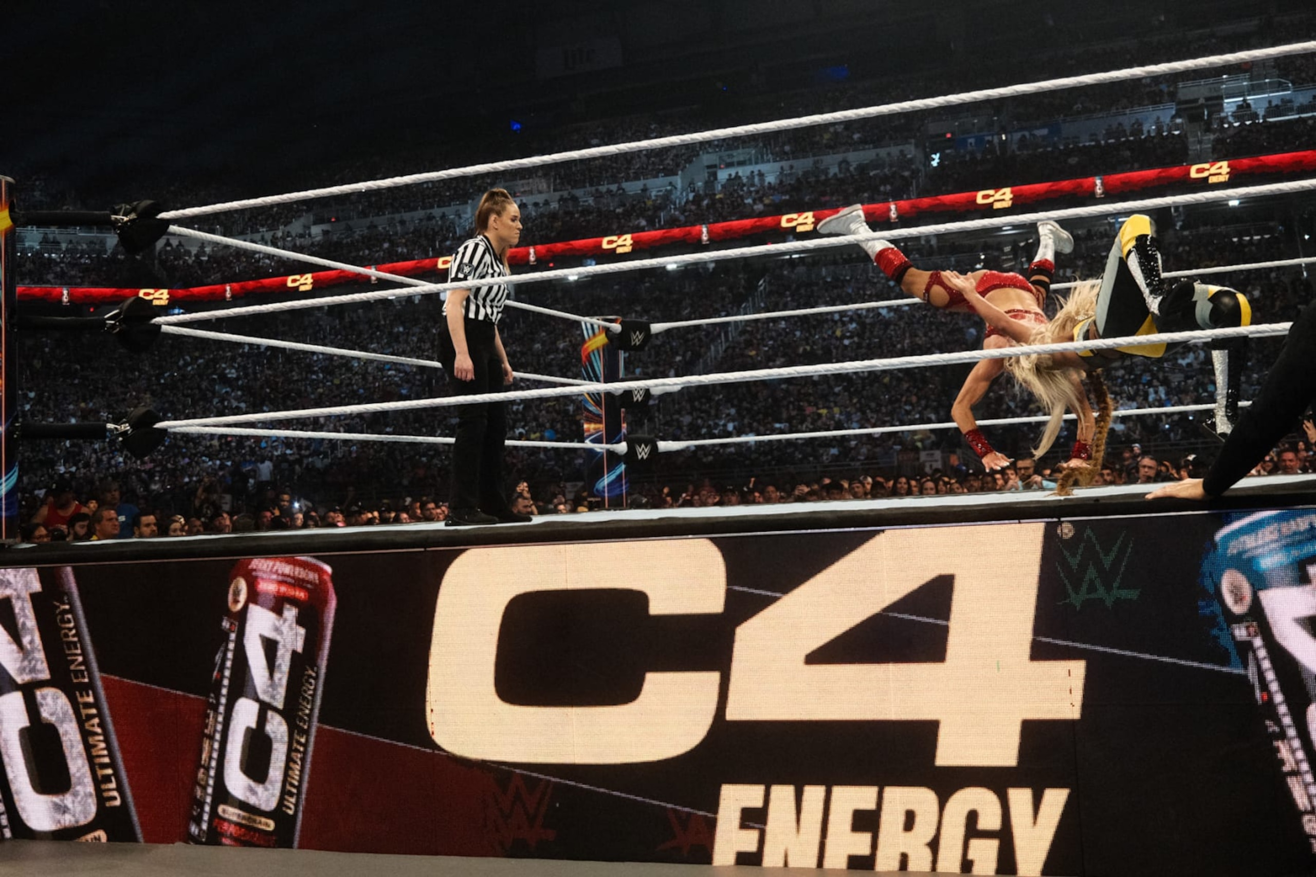 The C4 logo was displayed around the ring during the women's Triple Threat match at SummerSlam
