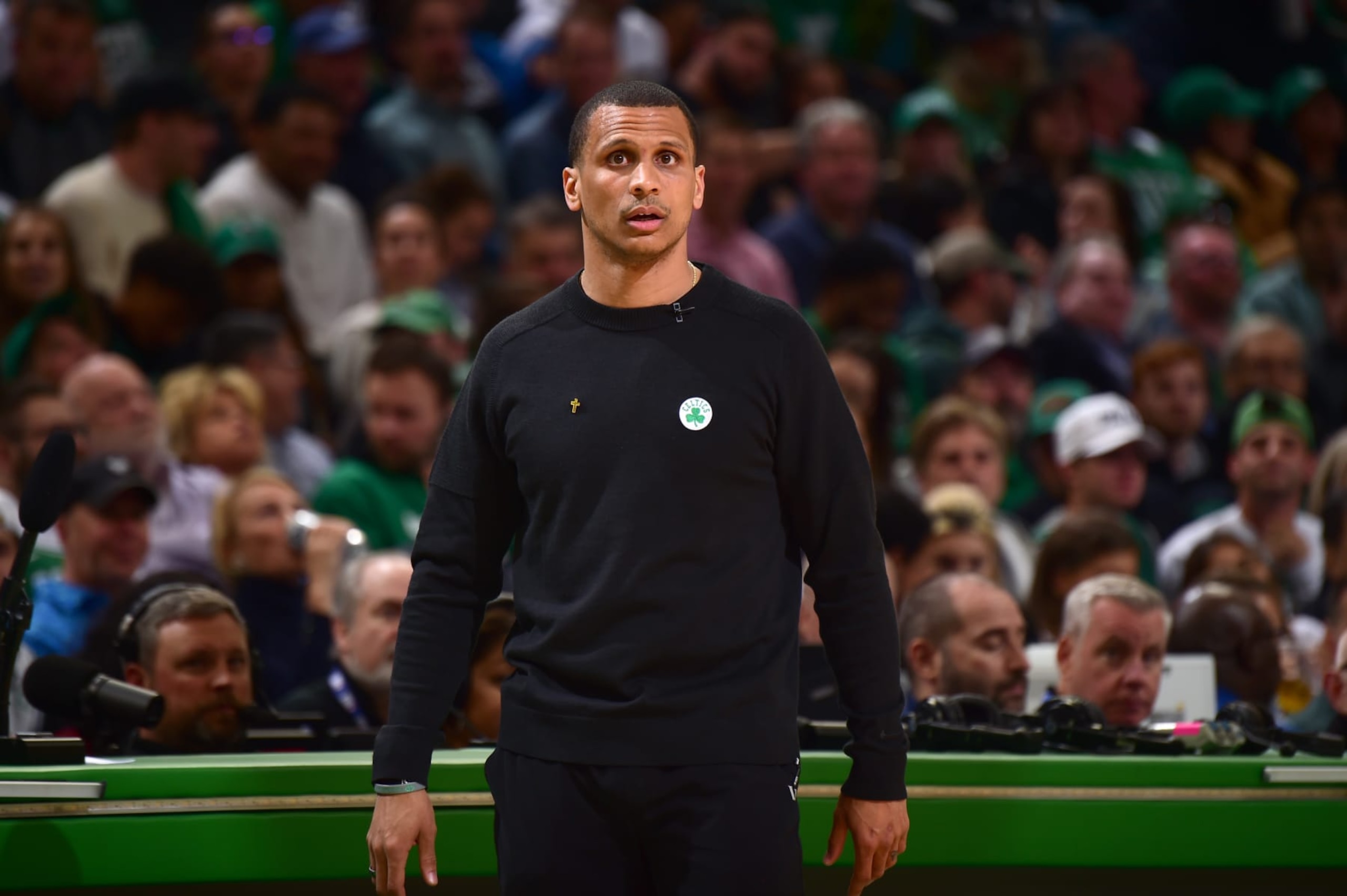 BOSTON, MA - MAY 17: Head Coach Joe Mazzulla of the Boston Celtics looks on during Game 1 of the Eastern Conference Finals 2023 NBA Playoffs on May 17, 2023 at the TD Garden in Boston, Massachusetts. NOTE TO USER: User expressly acknowledges and agrees that, by downloading and or using this photograph, User is consenting to the terms and conditions of the Getty Images License Agreement. Mandatory Copyright Notice: Copyright 2023 NBAE  (Photo by Brian Babineau/NBAE via Getty Images)