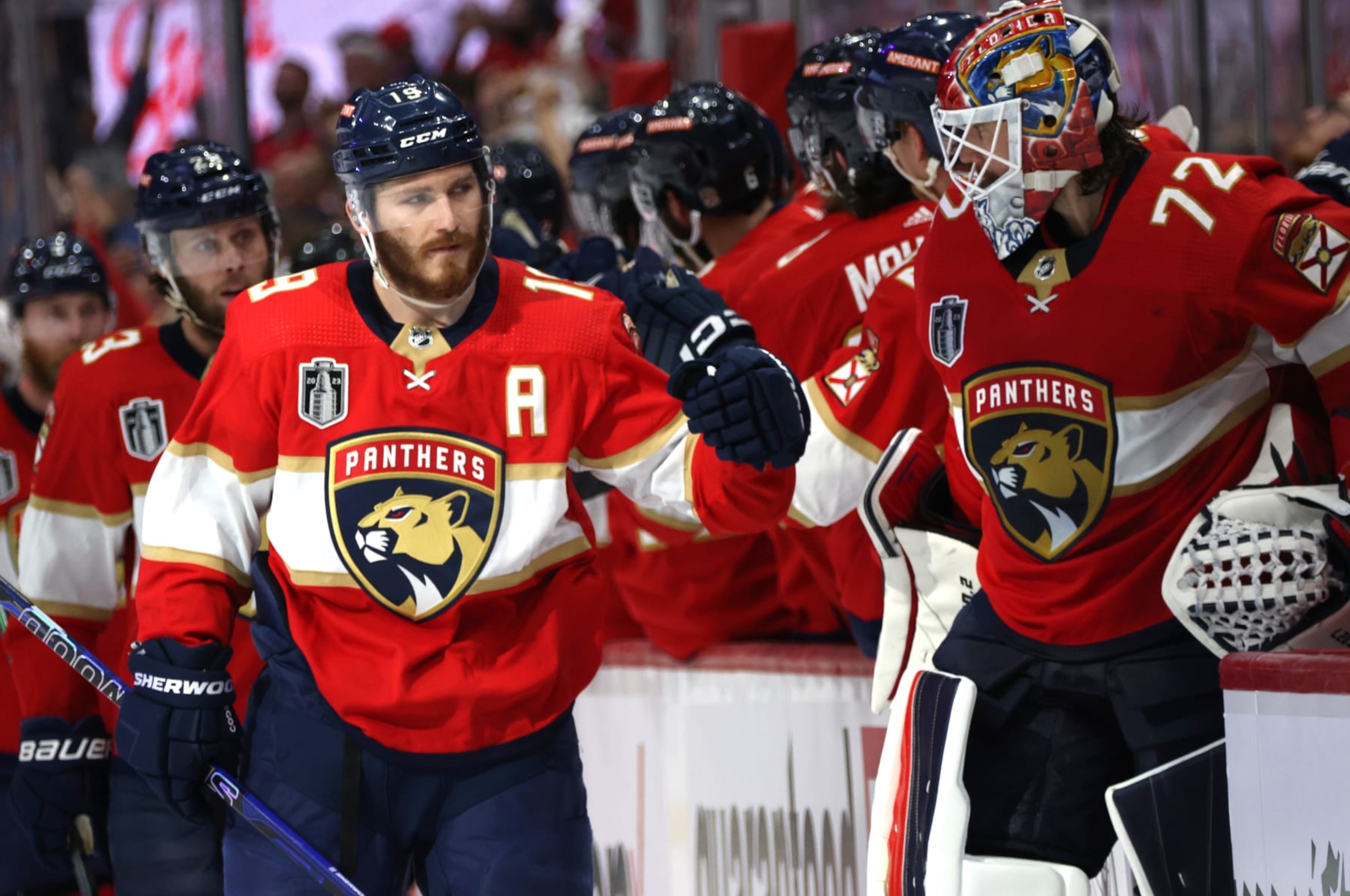 SUNRISE, FLORIDA - JUNE 08: Matthew Tkachuk #19 of the Florida Panthers celebrates with teammates after his late third period goal to tie the game in Game Three of the 2023 NHL Stanley Cup Final against the Vegas Golden Knights at FLA Live Arena on June 08, 2023 in Sunrise, Florida. (Photo by Dave Sandford/NHLI via Getty Images)