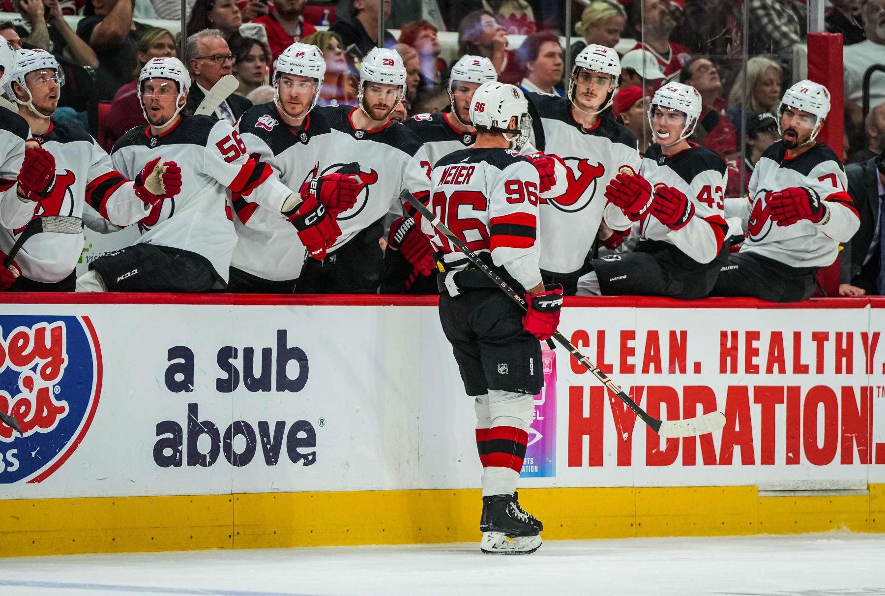 RALEIGH, NORTH CAROLINA - MAY 11: Timo Meier #96 of the New Jersey Devils celebrates after scoring a goal during the second period against the Carolina Hurricanes in Game Five of the Second Round of the 2023 Stanley Cup Playoffs at PNC Arena on May 11, 2023 in Raleigh, North Carolina. (Photo by Josh Lavallee/NHLI via Getty Images)