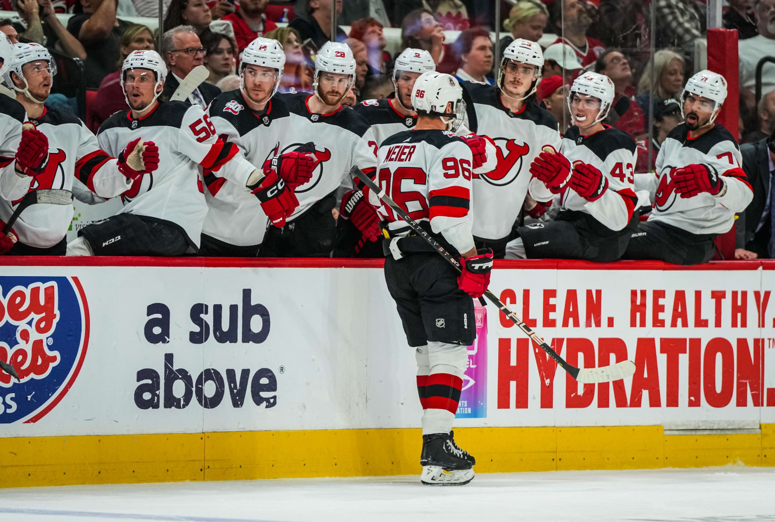 RALEIGH, NORTH CAROLINA - MAY 11: Timo Meier #96 of the New Jersey Devils celebrates after scoring a goal during the second period against the Carolina Hurricanes in Game Five of the Second Round of the 2023 Stanley Cup Playoffs at PNC Arena on May 11, 2023 in Raleigh, North Carolina. (Photo by Josh Lavallee/NHLI via Getty Images)