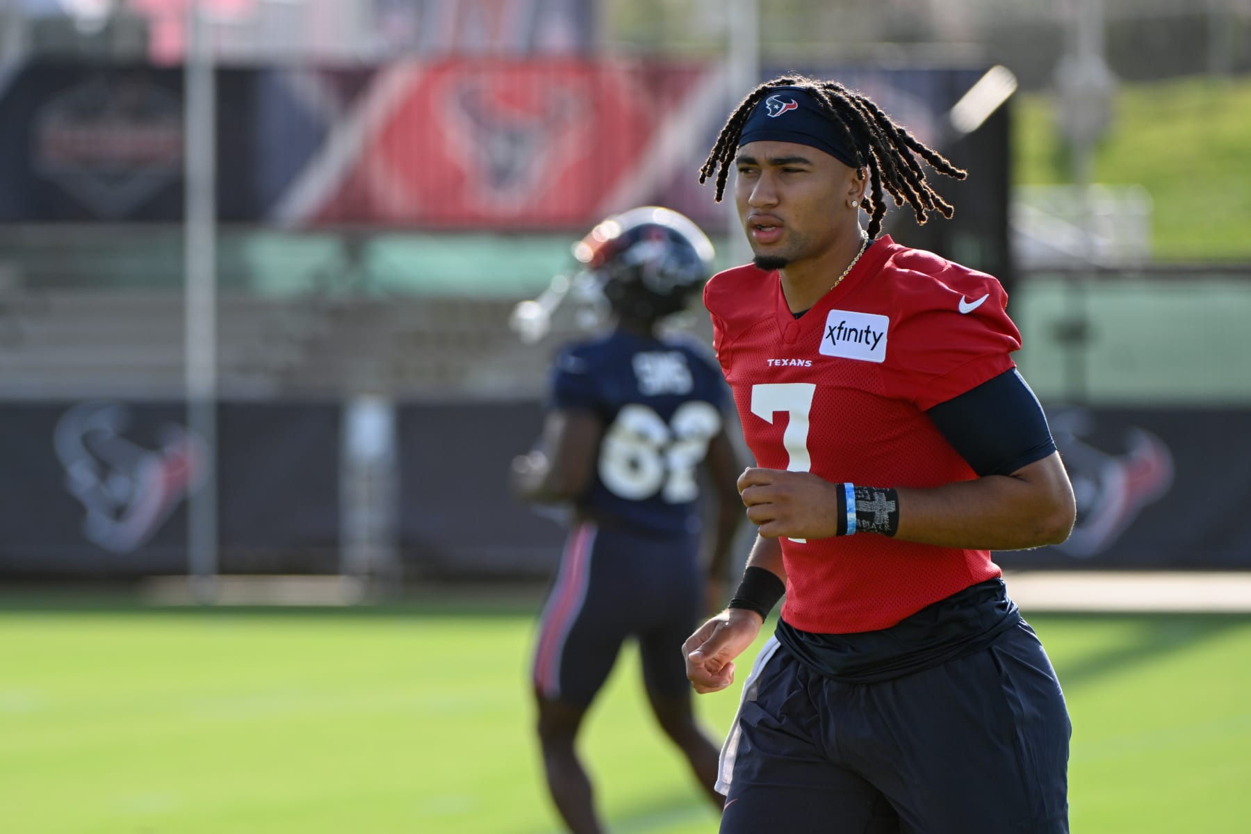 HOUSTON, TX - JULY 26: Houston Texans quarterback C.J. Stroud (7) makes his way across the field during day 1 of the Texans Training Camp at Houston Methodist Training Center on July 26, 2023, in Houston, Texas. (Photo by Ken Murray/Icon Sportswire via Getty Images)