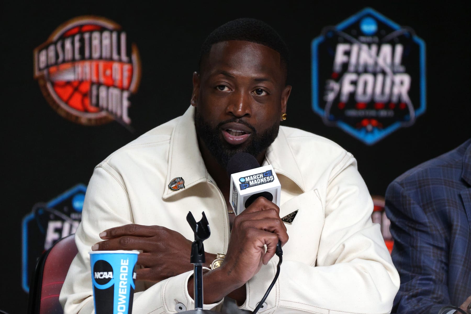 HOUSTON, TEXAS - APRIL 01: Inductee Dwyane Wade reacts during the 2023 Naismith Hall of Fame Press Conference at NRG Stadium on April 01, 2023 in Houston, Texas. (Photo by Mike Lawrie/Getty Images)
