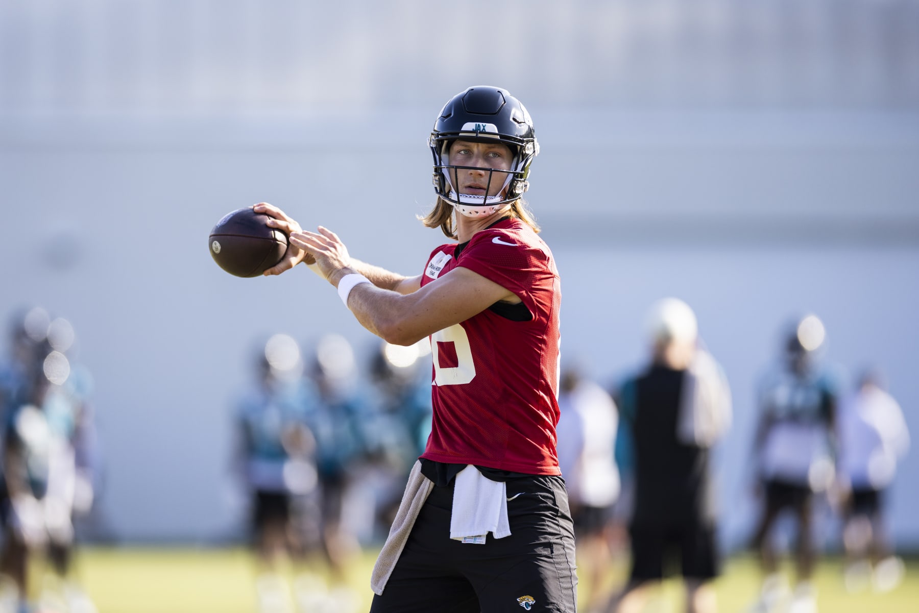 JACKSONVILLE, FLORIDA - AUGUST 03: Trevor Lawrence #16 of the Jacksonville Jaguars throws a pass during Training Camp at Miller Electric Center on August 03, 2023 in Jacksonville, Florida. (Photo by James Gilbert/Getty Images)