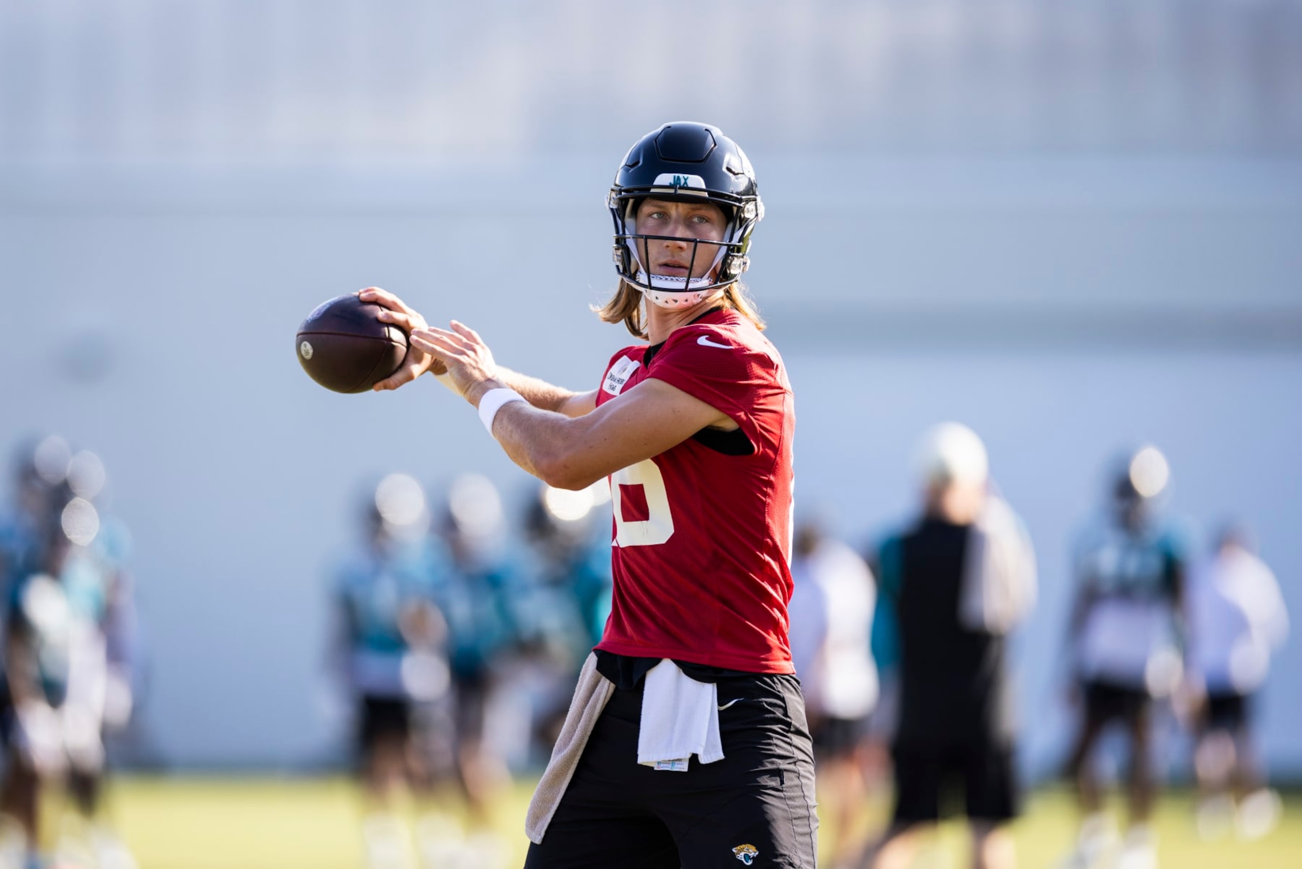 JACKSONVILLE, FLORIDA - AUGUST 03: Trevor Lawrence #16 of the Jacksonville Jaguars throws a pass during Training Camp at Miller Electric Center on August 03, 2023 in Jacksonville, Florida. (Photo by James Gilbert/Getty Images)