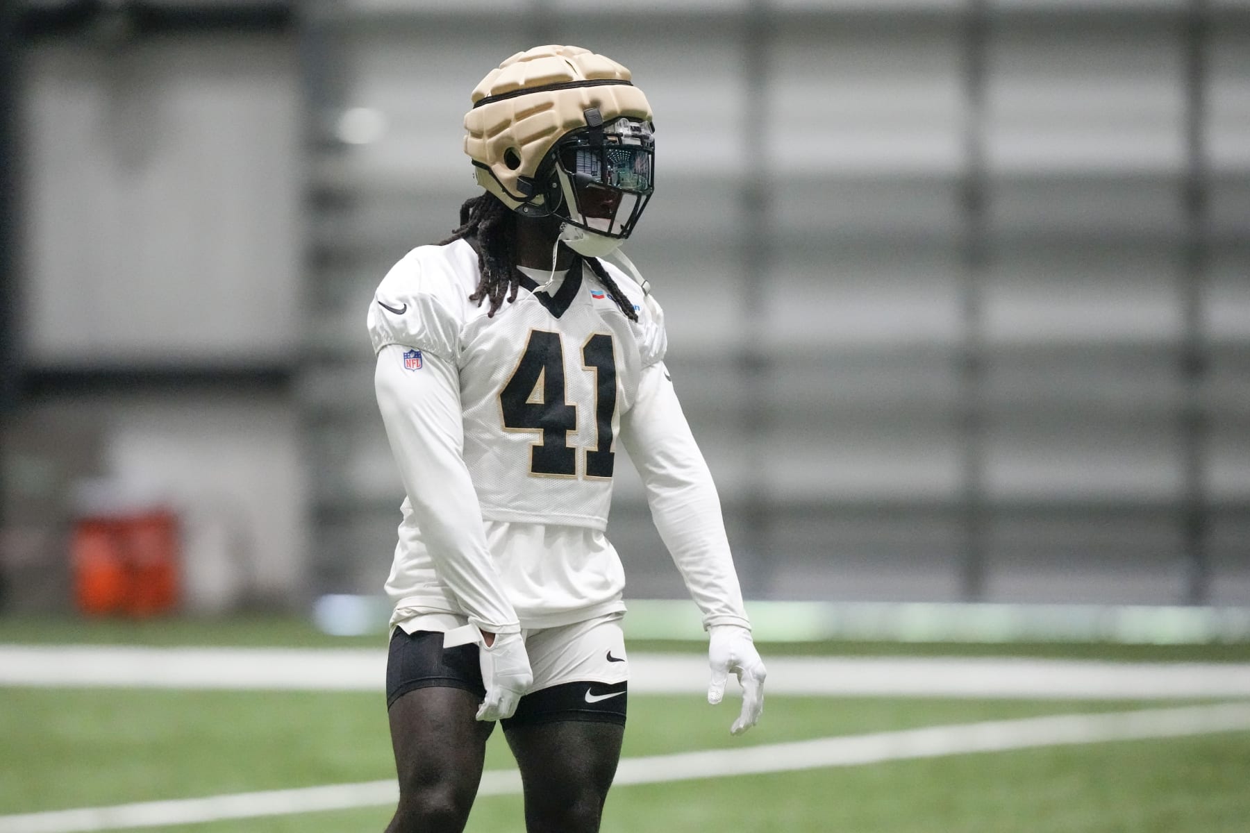 New Orleans Saints running back Alvin Kamara (41) runs through drills at the NFL team's football training camp in Metairie, La., Friday, Aug. 4, 2023. (AP Photo/Gerald Herbert)
