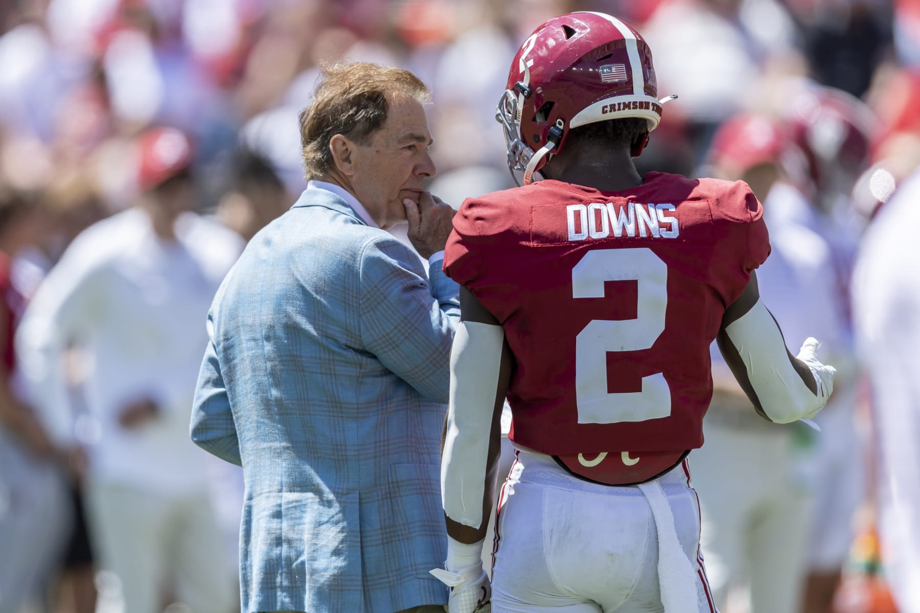 Alabama head coach Nick Saban talks with Alabama defensive back Caleb Downs (2) as the team warms up before Alabama's A-Day NCAA college football scrimmage, Saturday, April 22, 2023, in Tuscaloosa, Ala. (AP Photo/Vasha Hunt)