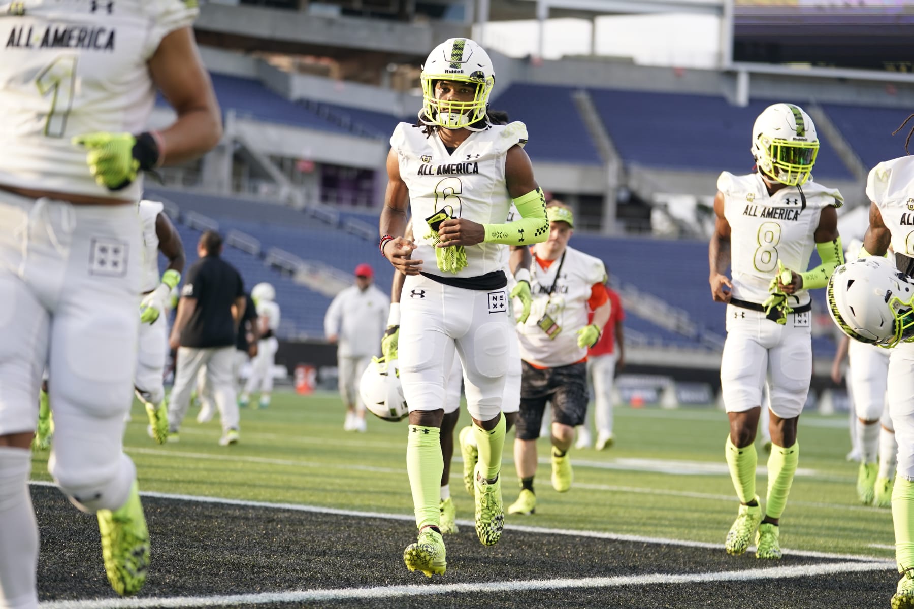 ORLANDO, FL - JANUARY 03: Team Speed receiver Adepoju Adebawore before the Under Armour Next All-America Football Gameon January 03, 2023, at Camping World Stadium in Orlando, FL. (Photo by Chris Leduc/Icon Sportswire via Getty Images)
