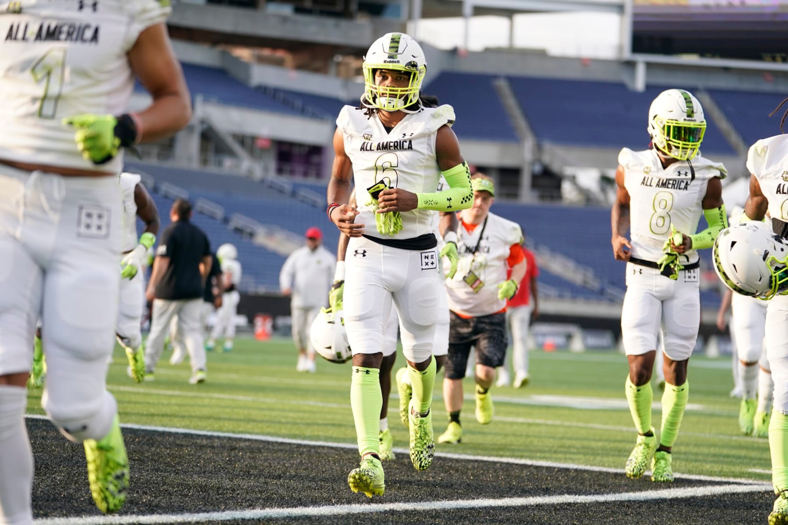 ORLANDO, FL - JANUARY 03: Team Speed receiver Adepoju Adebawore before the Under Armour Next All-America Football Gameon January 03, 2023, at Camping World Stadium in Orlando, FL. (Photo by Chris Leduc/Icon Sportswire via Getty Images)