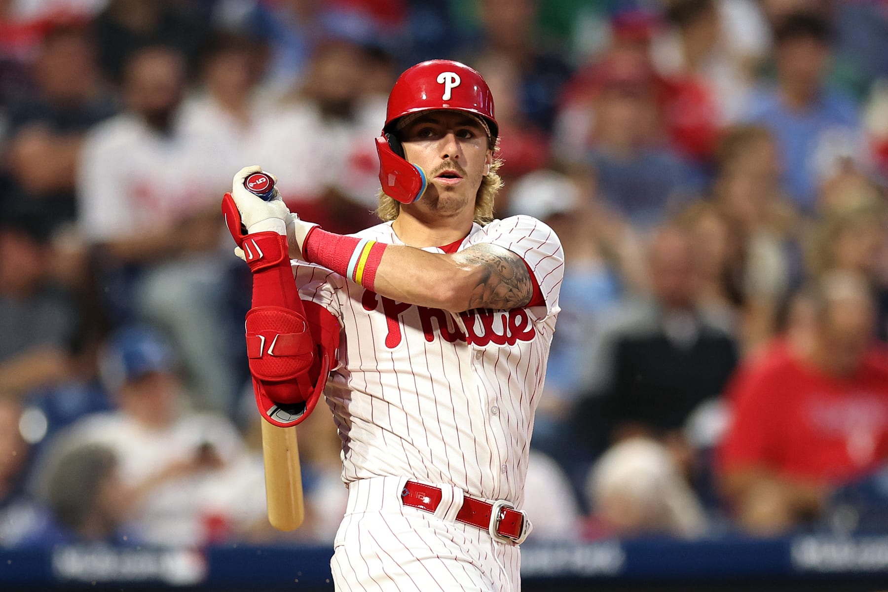 PHILADELPHIA, PENNSYLVANIA - AUGUST 04: Bryson Stott #5 of the Philadelphia Phillies bats during the fourth inning against the Kansas City Royals at Citizens Bank Park on August 04, 2023 in Philadelphia, Pennsylvania. (Photo by Tim Nwachukwu/Getty Images)