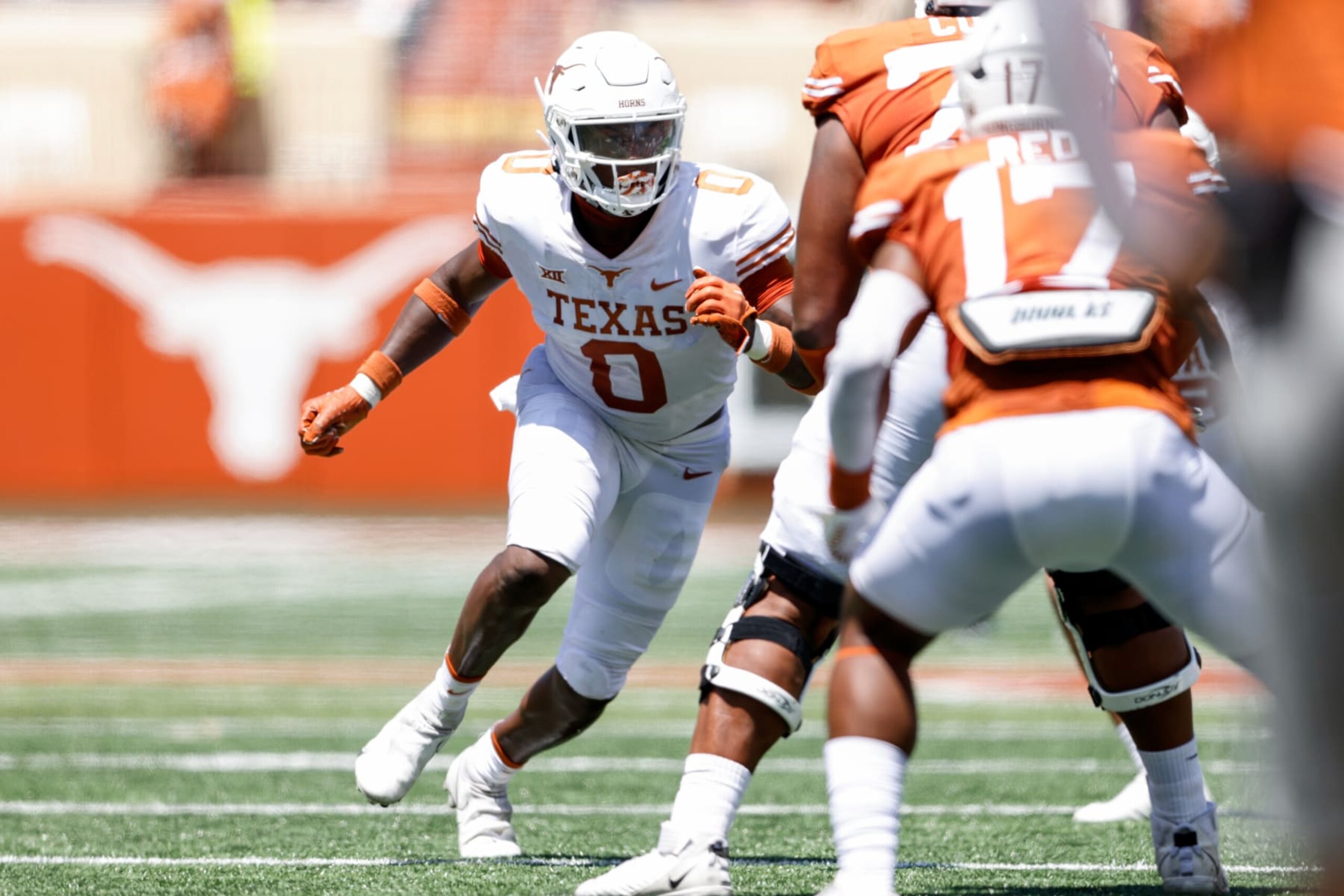 AUSTIN, TEXAS - APRIL 15: Anthony Hill Jr. #0 of the Texas Longhorns in action during the Texas Football Orange-White Spring Football Game at Darrell K Royal-Texas Memorial Stadium on April 15, 2023 in Austin, Texas. (Photo by Tim Warner/Getty Images)