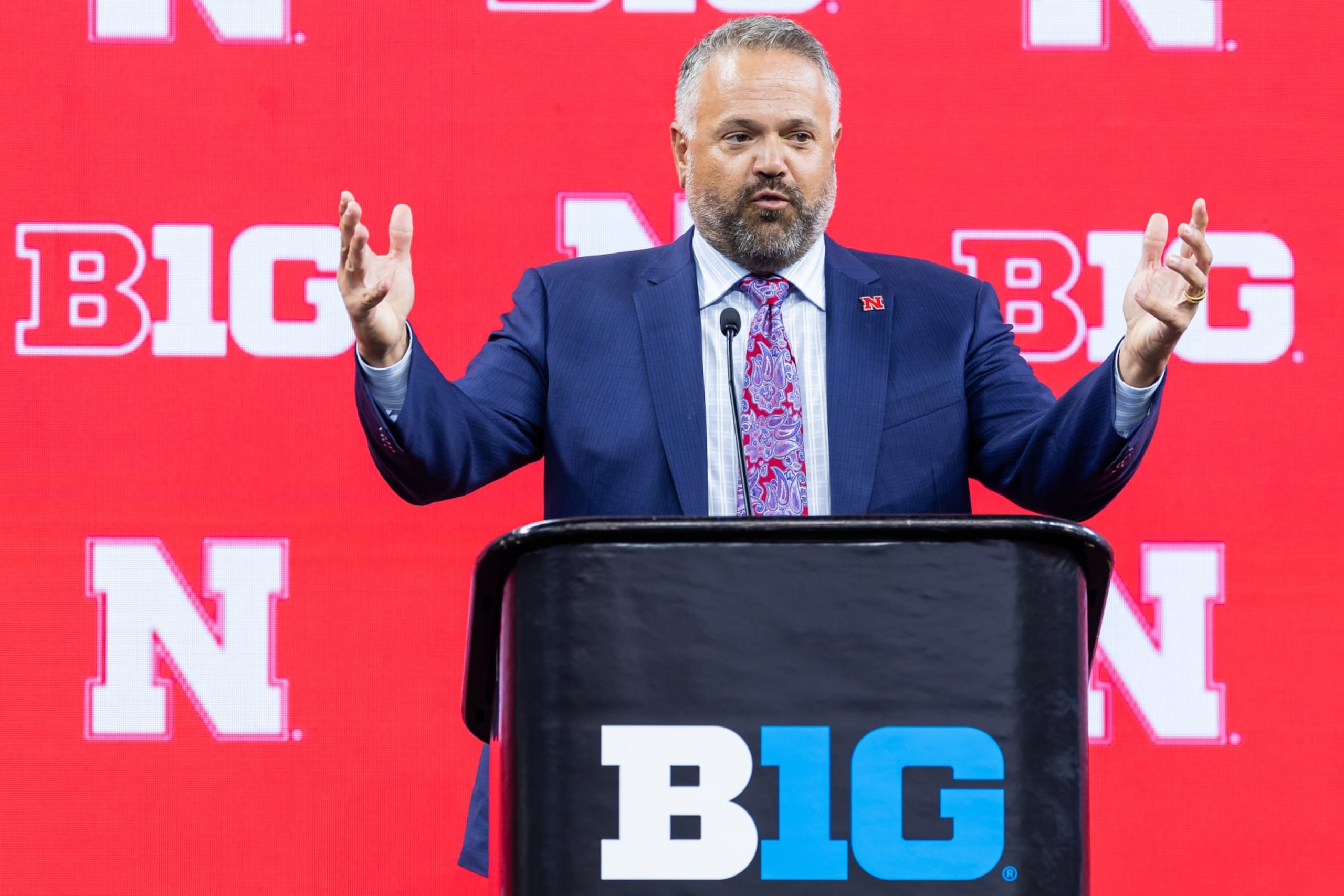 INDIANAPOLIS, INDIANA - JULY 27: Head coach Matt Rhule of the Nebraska Cornhuskers speaks at Big Ten football media days at Lucas Oil Stadium on July 27, 2023 in Indianapolis, Indiana. (Photo by Michael Hickey/Getty Images)