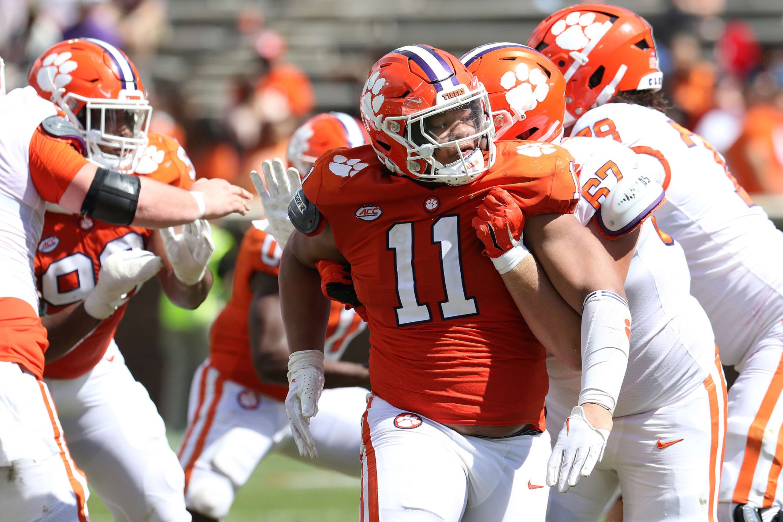 CLEMSON, SC - APRIL 15: Clemson Tigers defensive end Peter Woods (11) during the Clemson Tigers Orange and White annual inner squad college football game played on April 15, 2023 at Clemson Memorial Stadium in Clemson, S.C.   (Photo by John Byrum/Icon Sportswire via Getty Images)
