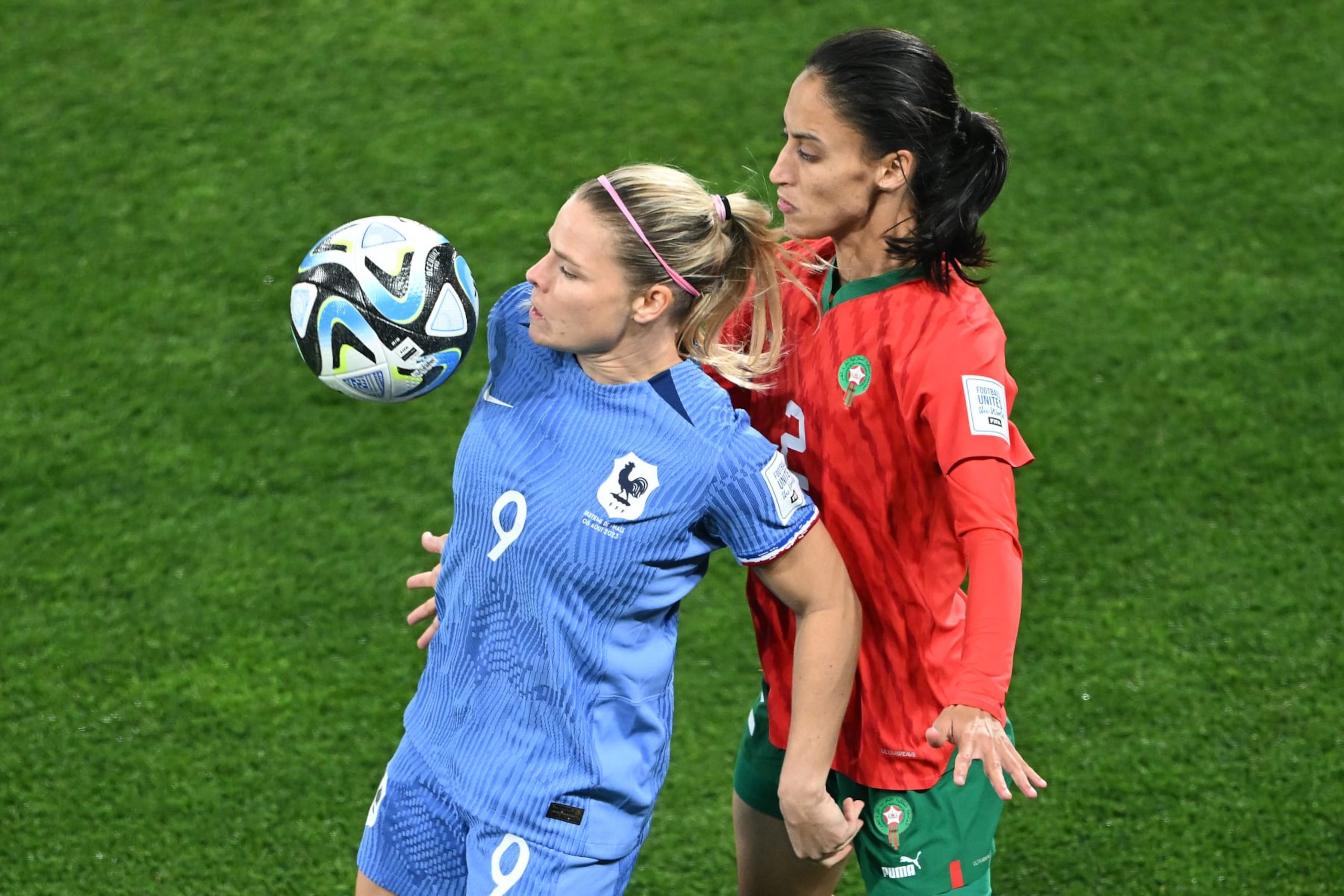 ADELAIDE, AUSTRALIA - AUGUST 08: Eugenie Le Sommer of France and Zineb Redouani of Morocco compete during the FIFA Women's World Cup Australia & New Zealand 2023 Round of 16 match between France and Morocco at Hindmarsh Stadium on August 08, 2023 in Adelaide, Australia. (Photo by Sue McKay/Getty Images)