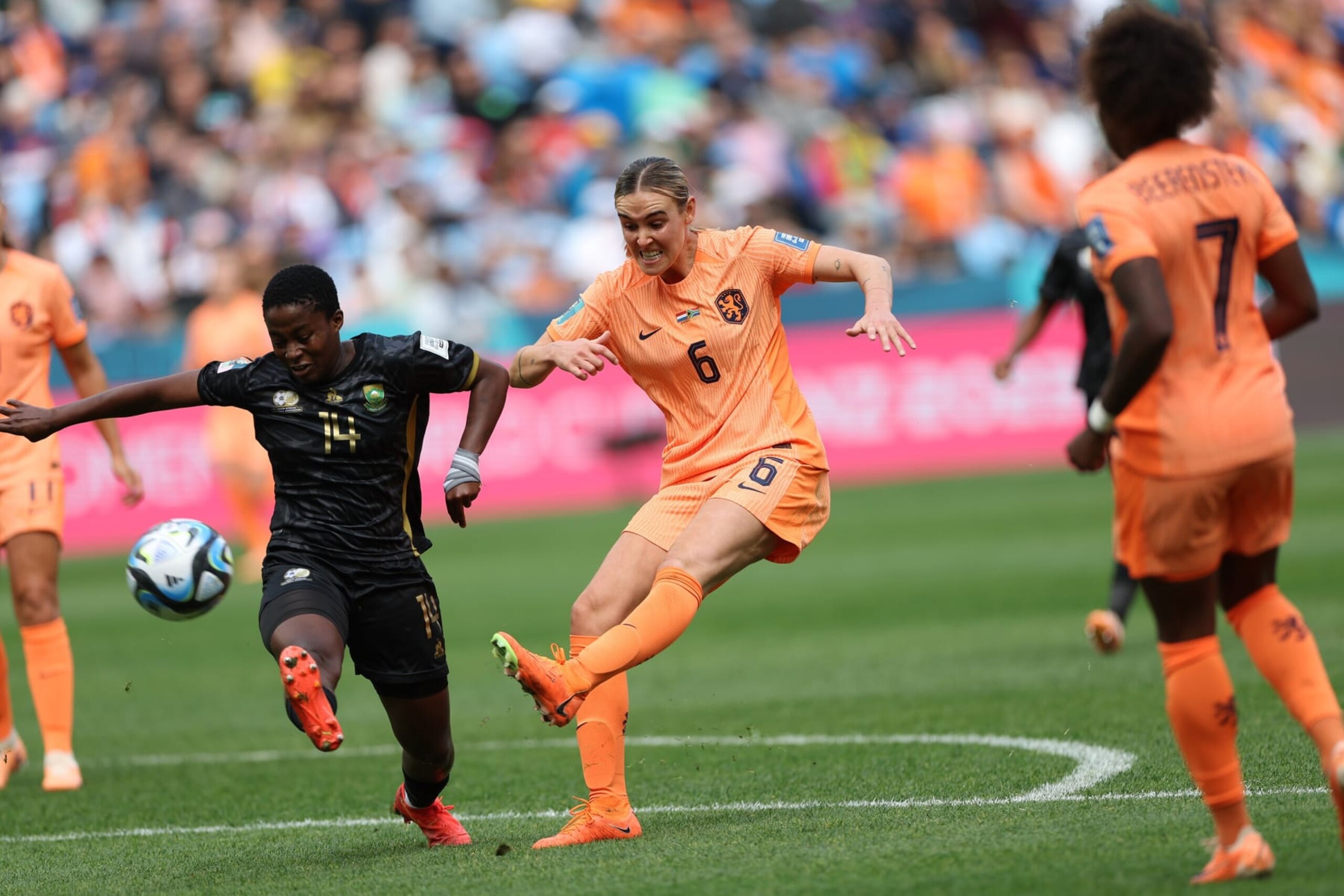 Merel Van Dongen C of the Netherlands shoots during the round of 16 match between the Netherlands and South Africa at the 2023 FIFA Women's World Cup in Sydney, Australia, Aug. 6, 2023. (Photo by Bai Xuefei/Xinhua via Getty Images)