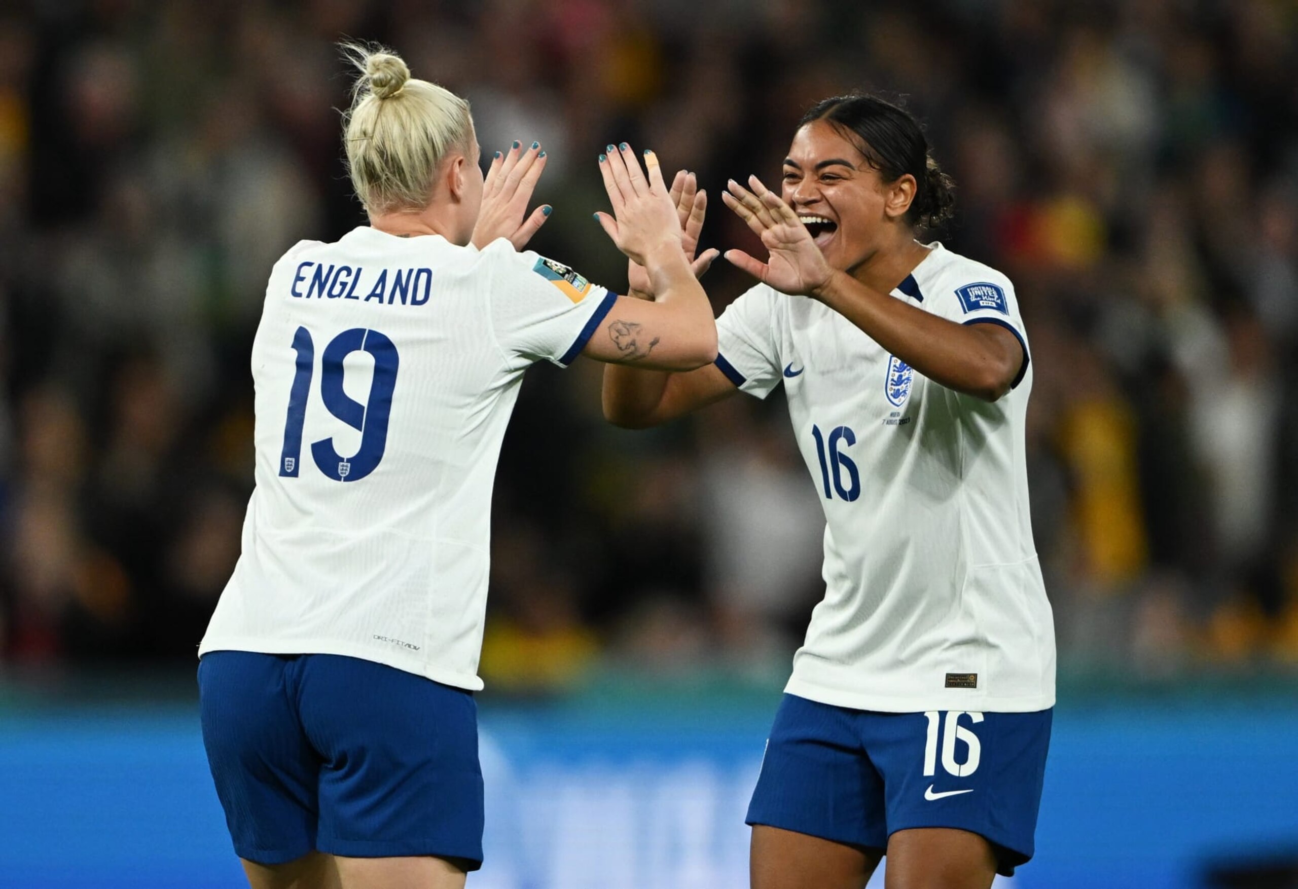 England's Beth England L and Jessica Carter celebrate during the penalty shootout of the round of 16 match between England and Nigeria at the 2023 FIFA Women's World Cup in Brisbane, Australia, Aug. 7, 2023. (Photo by Li Yibo/Xinhua via Getty Images)
