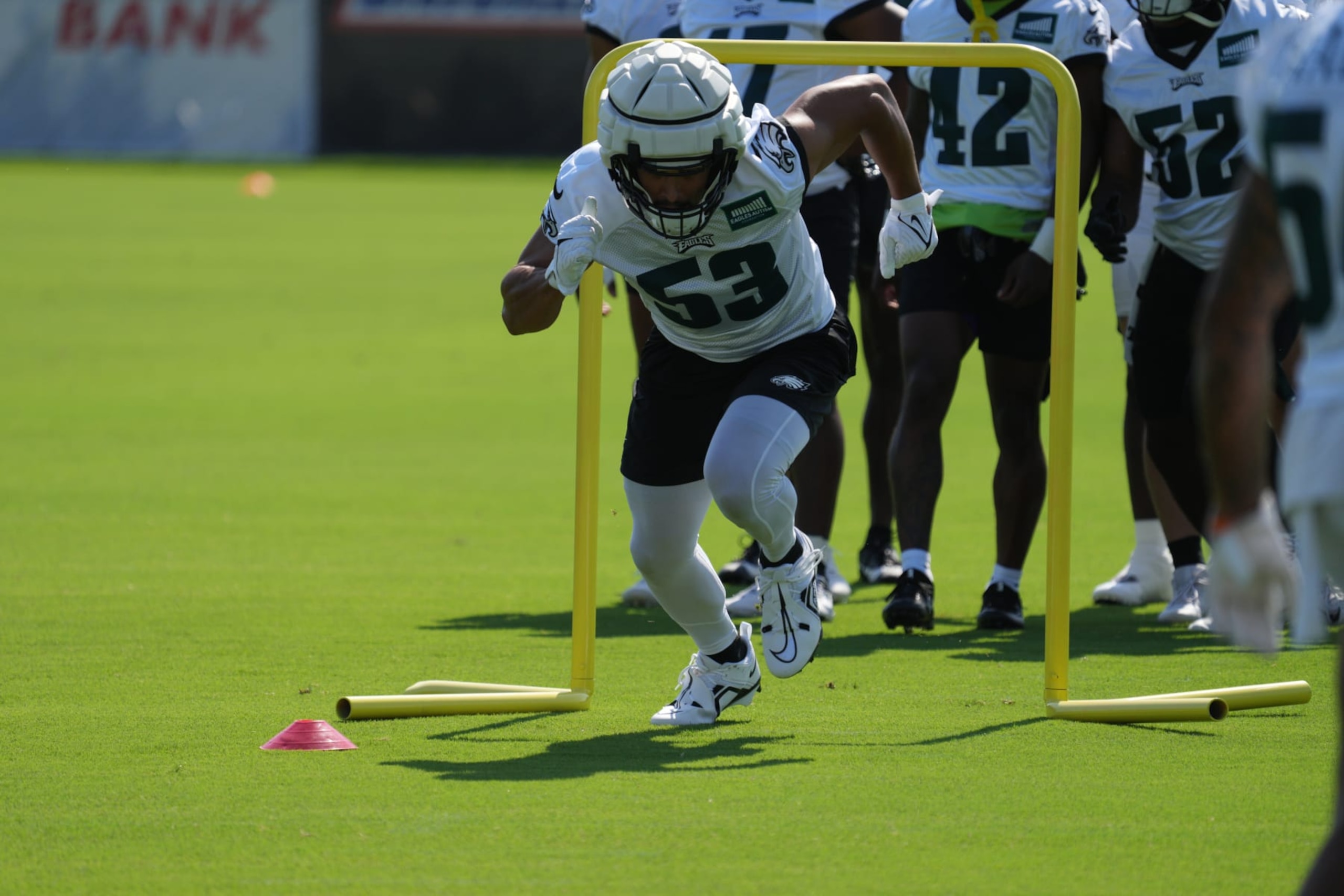 PHILADELPHIA, PA - JULY 28: Philadelphia Eagles linebacker Christian Elliss (53) participates in Philadelphia Eagles Training Camp on July 28, 2023, at the NovaCare Training Complex in Philadelphia, PA. (Photo by Andy Lewis/Icon Sportswire via Getty Images)
