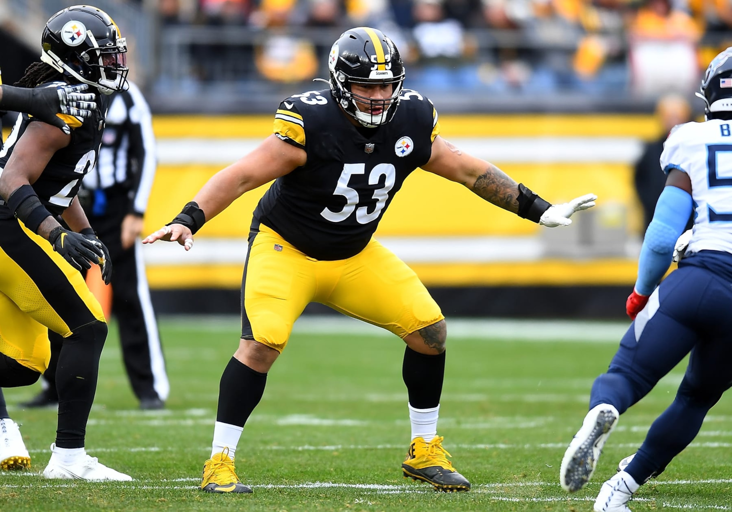 PITTSBURGH, PA - DECEMBER 19:  Kendrick Green #53 of the Pittsburgh Steelers in action during the game against the Tennessee Titans at Heinz Field on December 19, 2021 in Pittsburgh, Pennsylvania. (Photo by Joe Sargent/Getty Images)