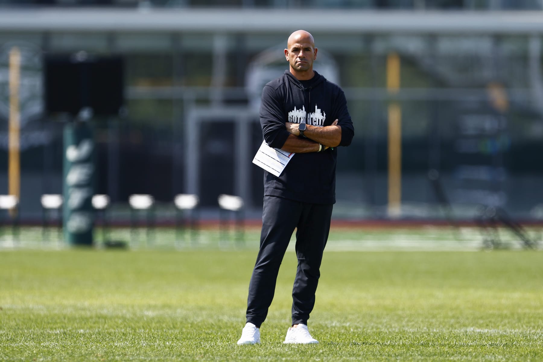 FLORHAM PARK, NEW JERSEY - JULY 26: Head coach Robert Saleh of the New York Jets looks on during training came at Atlantic Health Jets Training Center on July 26, 2023 in Florham Park, New Jersey. (Photo by Rich Schultz/Getty Images)