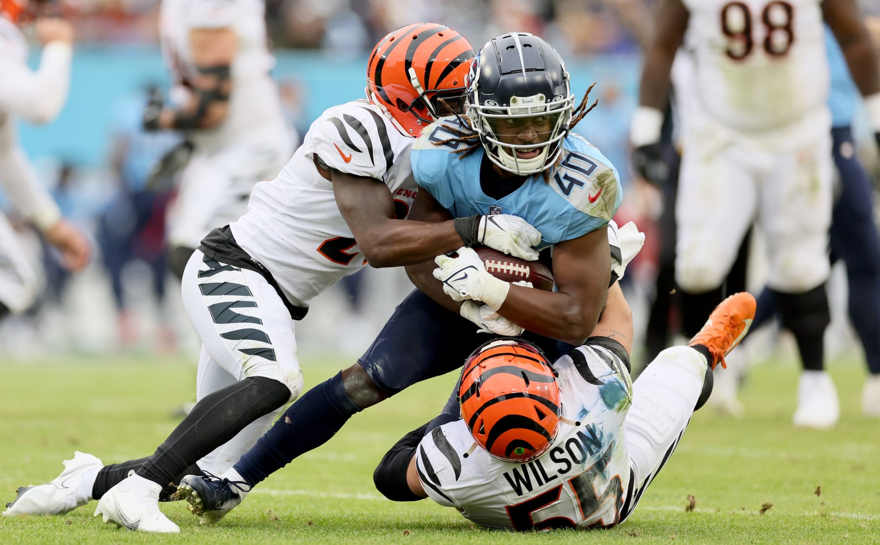 NASHVILLE, TENNESSEE - NOVEMBER 27:  Dontrell Hilliard #40 of the Tennessee Titans cheerleader during the game against the  Cincinnati Bengals at Nissan Stadium on November 27, 2022 in Nashville, Tennessee. (Photo by Andy Lyons/Getty Images)