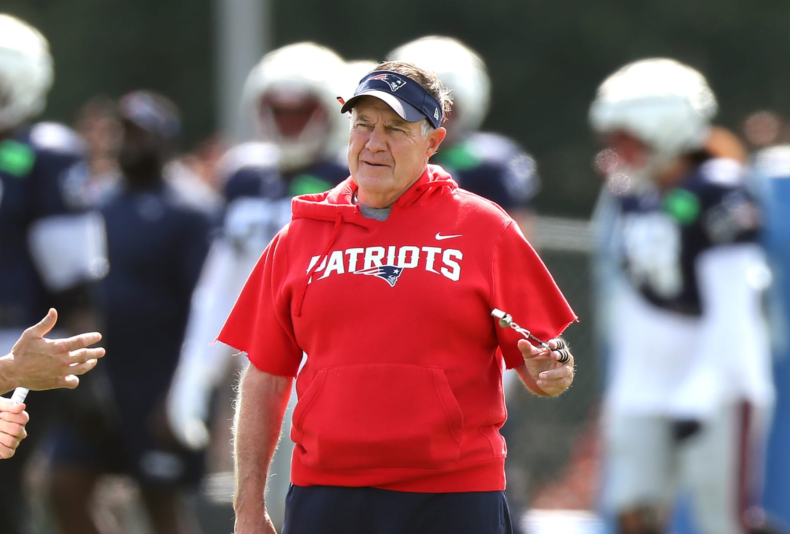Foxborough, MA - August 3: New England Patriots head coach Bill Belichick supervises drills. (Photo by John Tlumacki/The Boston Globe via Getty Images)