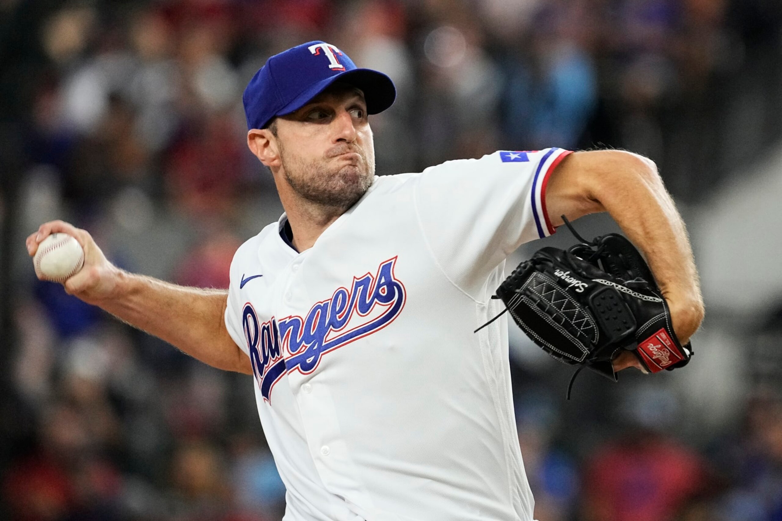 ARLINGTON, TX - AUGUST 03: Max Scherzer #31 of the Texas Rangers pitches during the game between the Chicago White Sox and the Texas Rangers at Globe Life Field on Thursday, August 3, 2023 in Arlington, Texas. (Photo by Sam Hodde/MLB Photos via Getty Images)