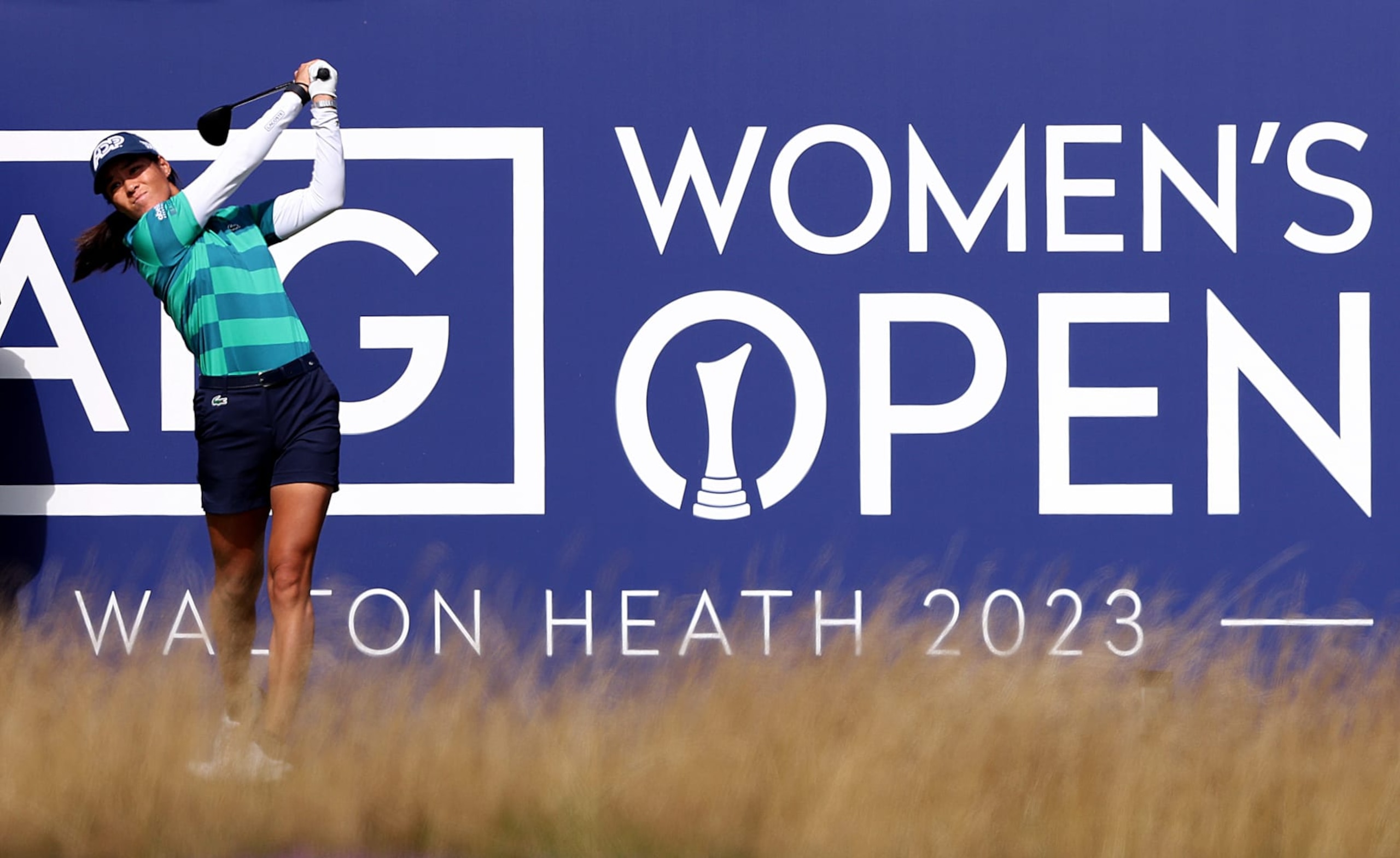 TADWORTH, ENGLAND - AUGUST 09:  Celine Boutier of France tees off on the first hole as during the pro am ahead of the AIG Women's Open at Walton Heath Golf Club on August 09, 2023 in Tadworth, England. (Photo by Warren Little/Getty Images)