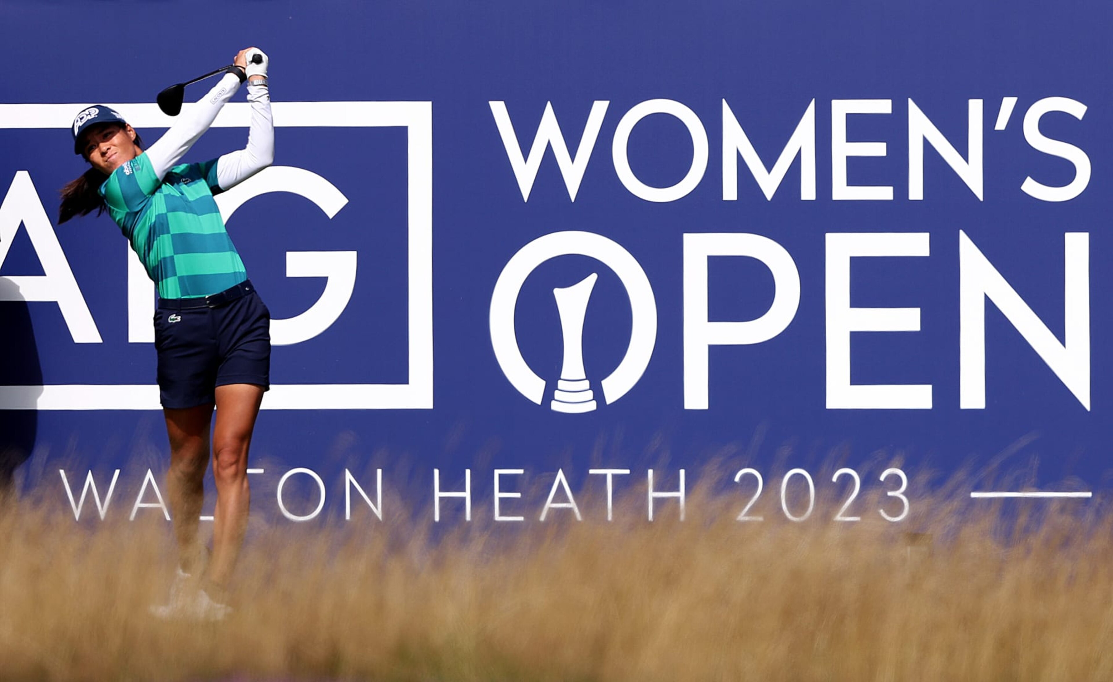 TADWORTH, ENGLAND - AUGUST 09:  Celine Boutier of France tees off on the first hole as during the pro am ahead of the AIG Women's Open at Walton Heath Golf Club on August 09, 2023 in Tadworth, England. (Photo by Warren Little/Getty Images)