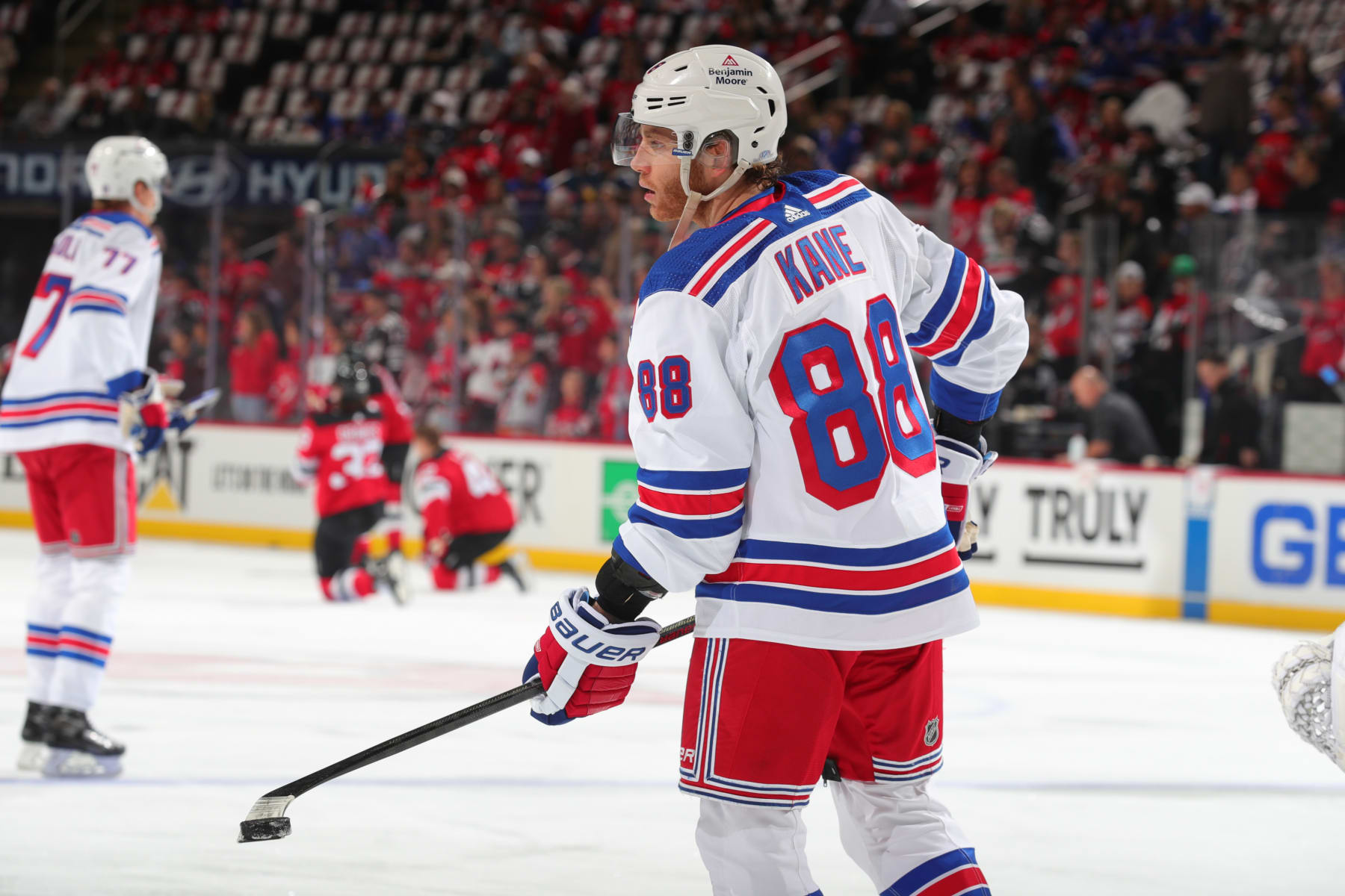 NEWARK, NJ - APRIL 27:  Patrick Kane #88 of the New York Rangers warms up prior to Game Five of the First Round of the 2023 Stanley Cup Playoffs against the New Jersey Devils at the Prudential Center on April 27, 2023 in Newark, New Jersey.  (Photo by Rich Graessle/NHLI via Getty Images)