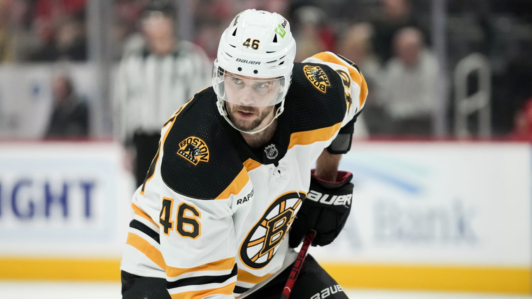Boston Bruins center David Krejci (46) plays against the Detroit Red Wings in the second period of an NHL hockey game Sunday, March 12, 2023, in Detroit. (AP Photo/Paul Sancya)