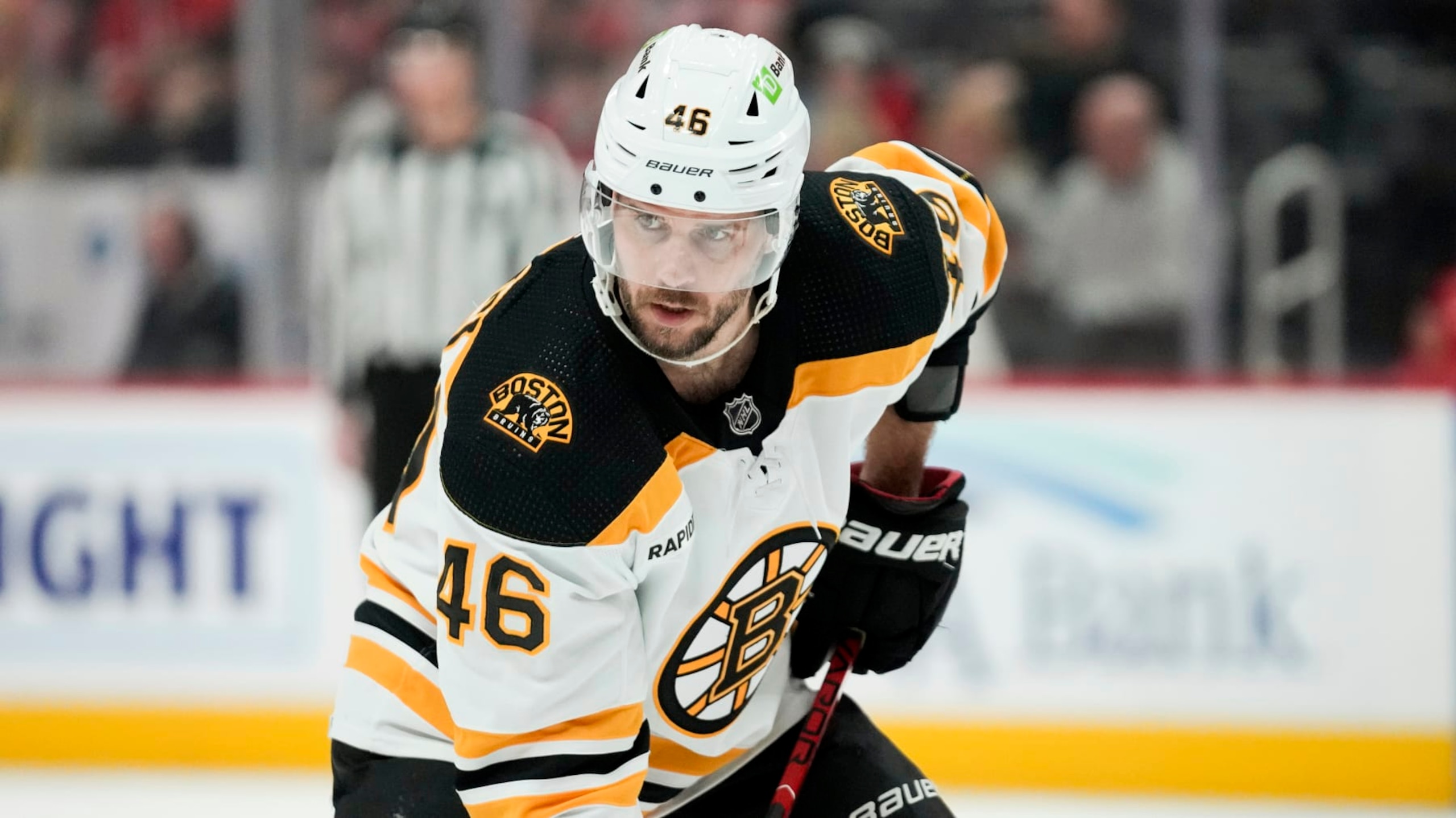 Boston Bruins center David Krejci (46) plays against the Detroit Red Wings in the second period of an NHL hockey game Sunday, March 12, 2023, in Detroit. (AP Photo/Paul Sancya)