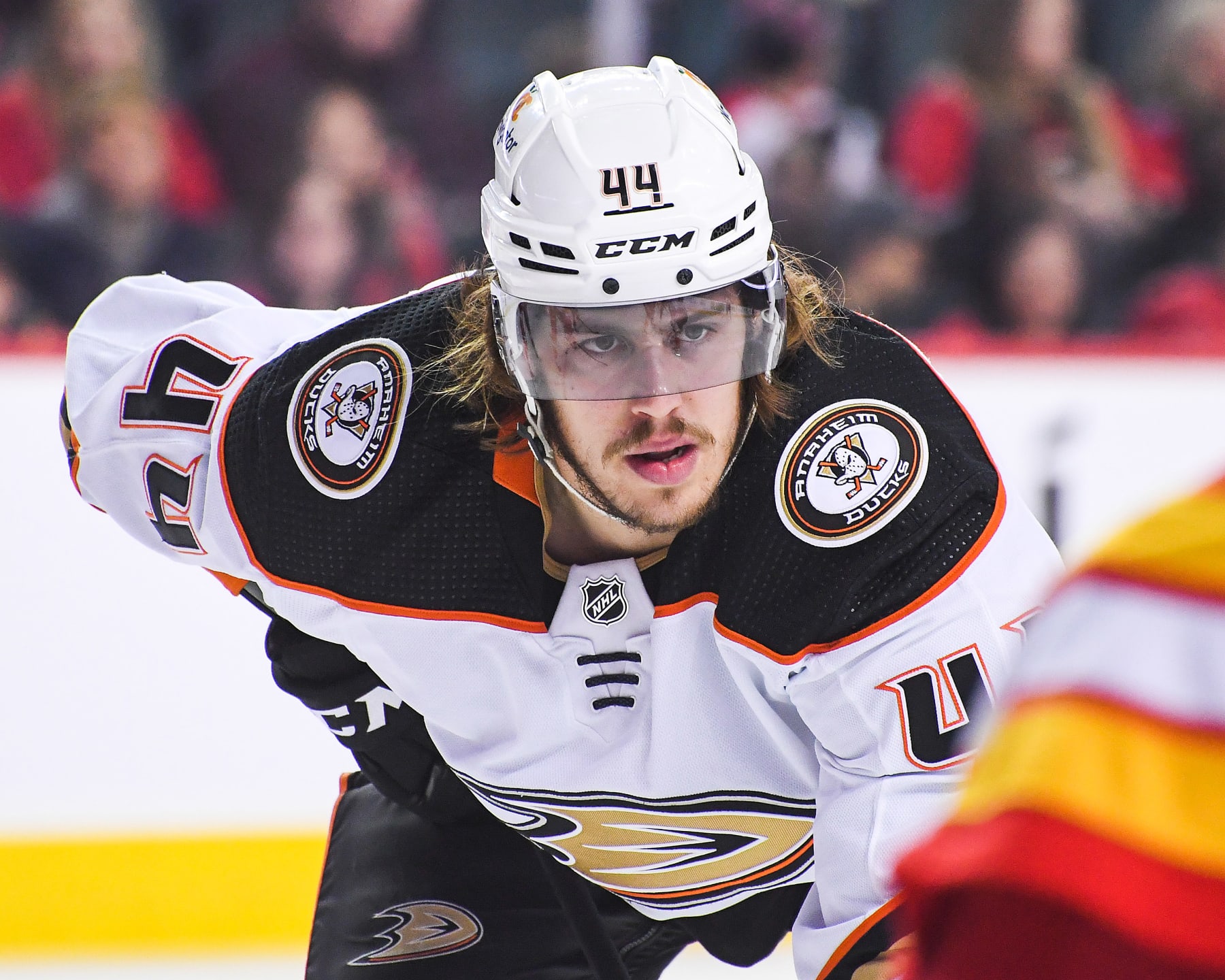 CALGARY, CANADA - APRIL 2: Maxime Comtois #44 of the Anaheim Ducks in action against the Calgary Flames during an NHL game at Scotiabank Saddledome on April 2, 2023 in Calgary, Alberta, Canada. The Flames defeated the Ducks 5-4. (Photo by Derek Leung/Getty Images)