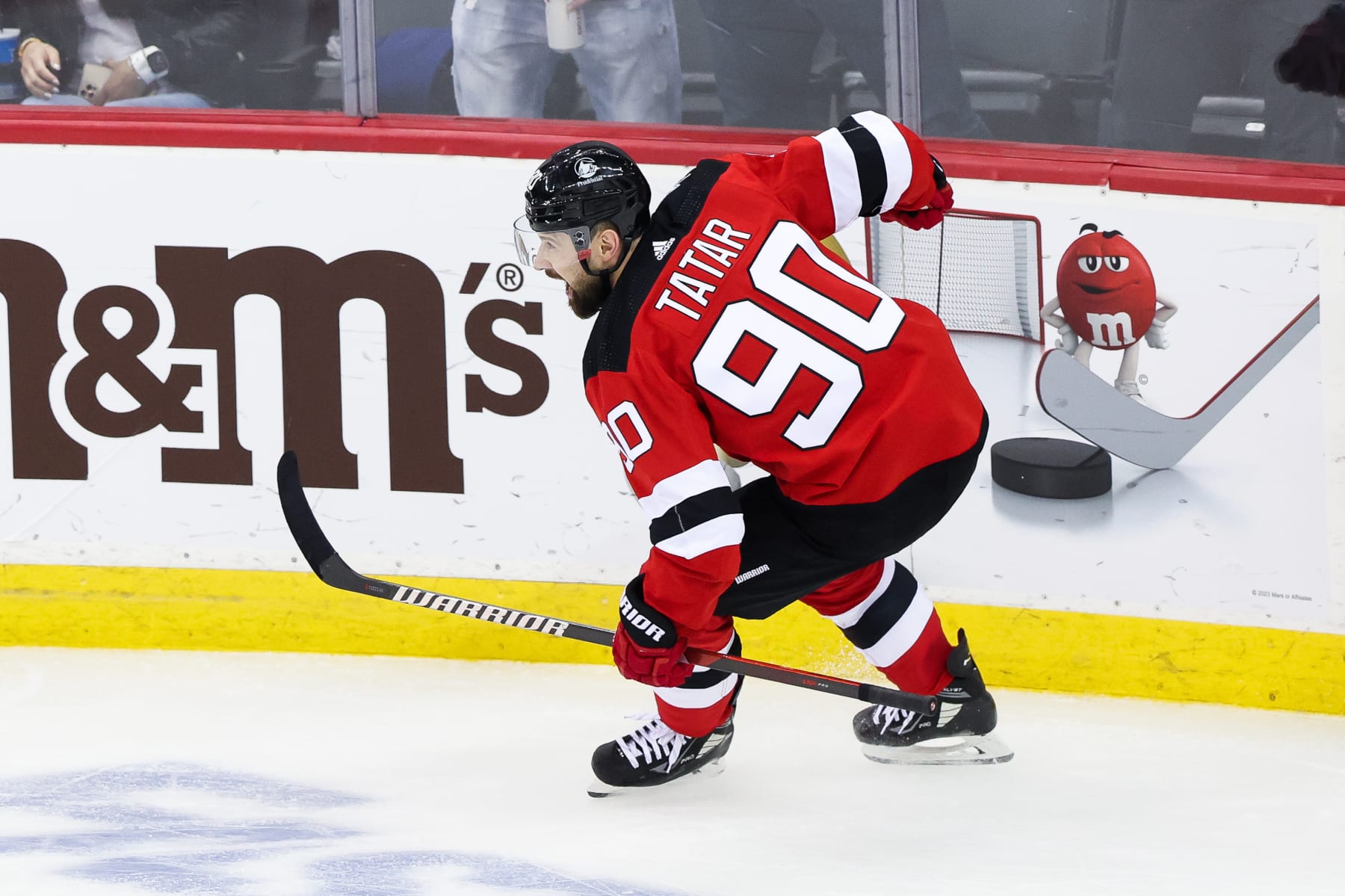 NEWARK, NJ - MAY 01: New Jersey Devils left wing Tomas Tatar (90) celebrates after scoring a goal during Game 7 of an Eastern Conference First Round playoff game between the New York Rangers and the New Jersey Devils on May 1, 2023, at Prudential Center in Newark, New Jersey. (Photo by Andrew Mordzynski/Icon Sportswire via Getty Images)