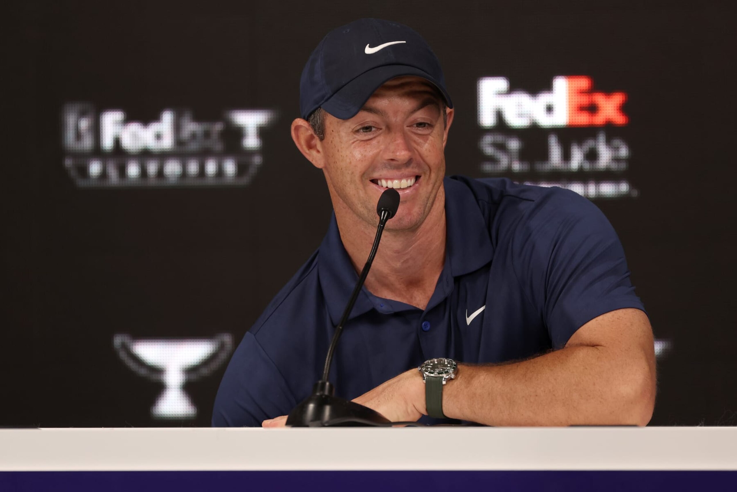 MEMPHIS, TENNESSEE - AUGUST 09: Rory McIlroy talks at a press conference prior to the FedEx St. Jude Championship at TPC Southwind on August 09, 2023 in Memphis, Tennessee. (Photo by Gregory Shamus/Getty Images)