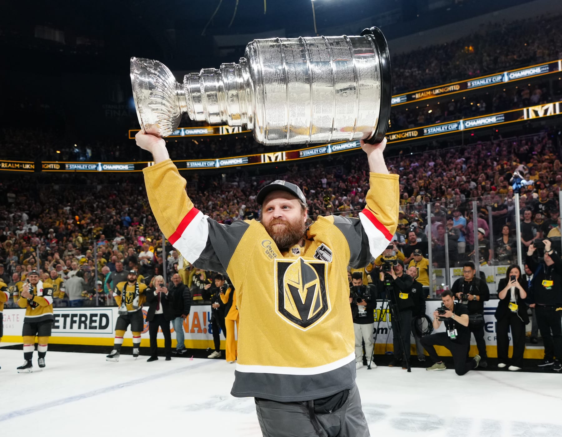 LAS VEGAS, NEVADA - JUNE 13: Phil Kessel #8 of the Vegas Golden Knights celebrates with the Stanley Cup after a 9-3 victory against the Florida Panthers in Game Five of the 2023 NHL Stanley Cup Final at T-Mobile Arena on June 13, 2023 in Las Vegas, Nevada. (Photo by Jeff Bottari/NHLI via Getty Images)
