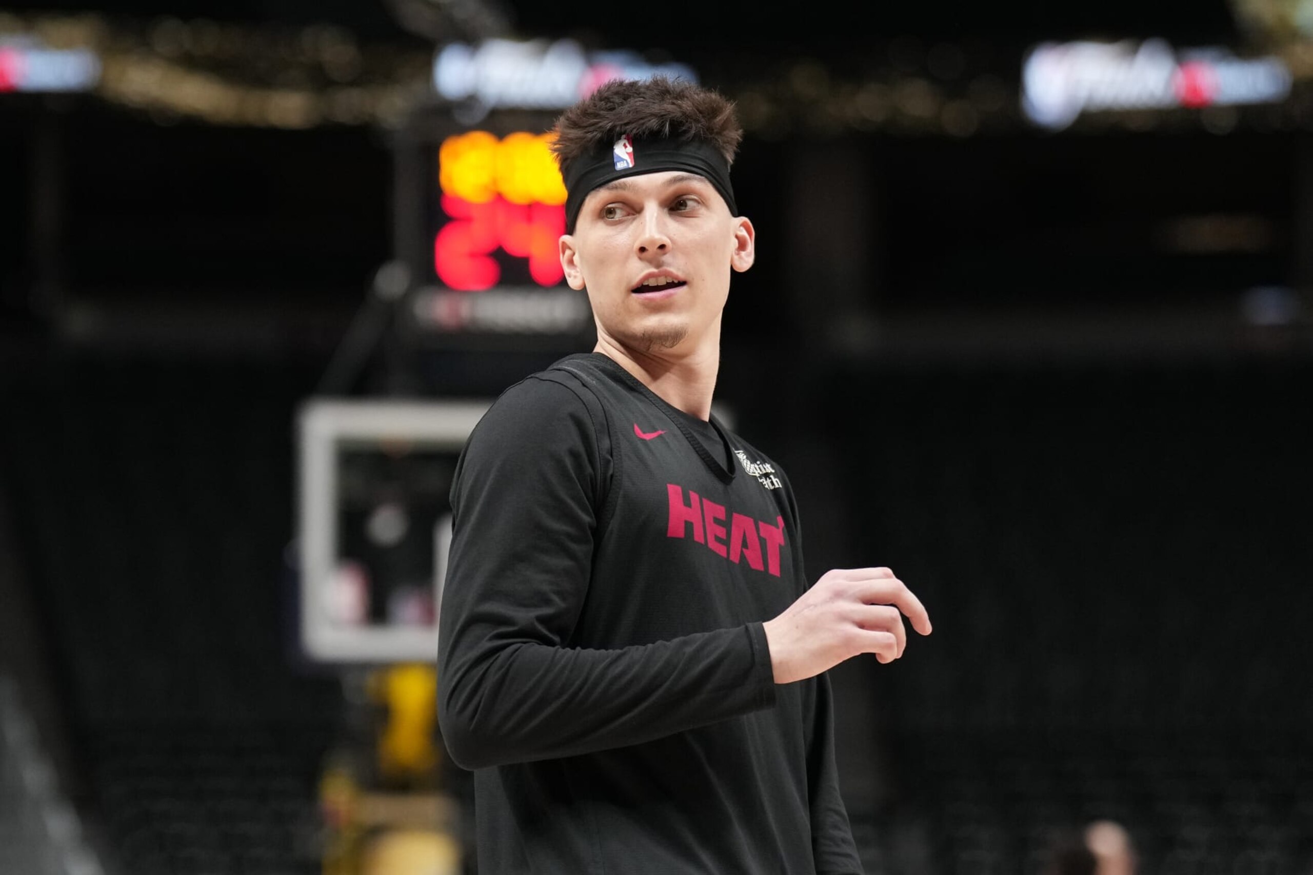 DENVER, CO - JUNE 3: Tyler Herro #14 of the Miami Heat looks on during 2023 NBA Finals Practice and Media Availability on June 3, 2023 at the Ball Arena in Denver, Colorado. NOTE TO USER: User expressly acknowledges and agrees that, by downloading and/or using this Photograph, user is consenting to the terms and conditions of the Getty Images License Agreement. Mandatory Copyright Notice: Copyright 2023 NBAE (Photo by Jesse D. Garrabrant/NBAE via Getty Images) DENVER, CO - JUNE 3: Tyler Herro #14 of the Miami Heat looks on during 2023 NBA Finals Practice and Media Availability on June 3, 2023 at the Ball Arena in Denver, Colorado. NOTE TO USER: User expressly acknowledges and agrees that, by downloading and/or using this Photograph, user is consenting to the terms and conditions of the Getty Images License Agreement. Mandatory Copyright Notice: Copyright 2023 NBAE (Photo by Jesse D. Garrabrant/NBAE via Getty Images)