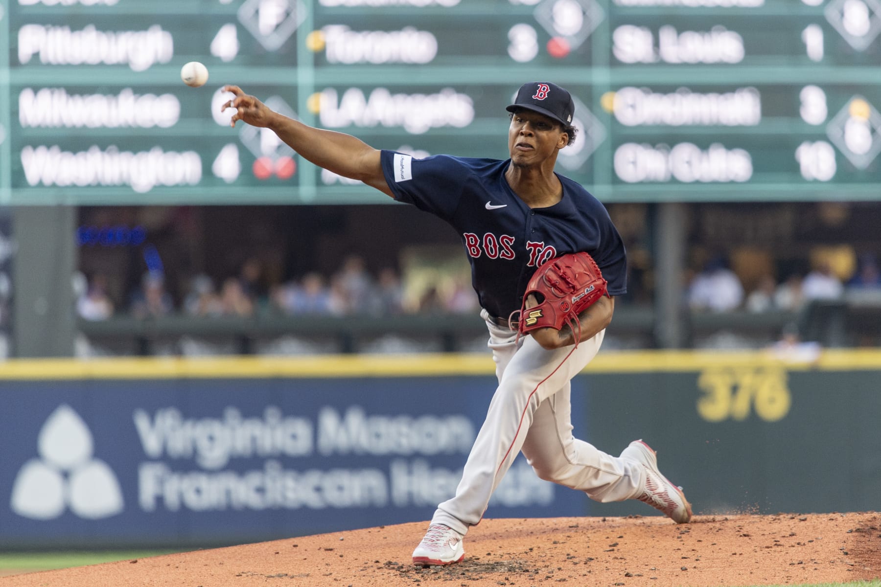 SEATTLE, WA - AUGUST 1: Brayan Bello #66 of the Boston Red Sox pitches during the first inning of a game against the Seattle Mariners on August 1, 2023 at T-Mobile Park in Seattle, Washington. (Photo by Maddie Malhotra/Boston Red Sox/Getty Images)