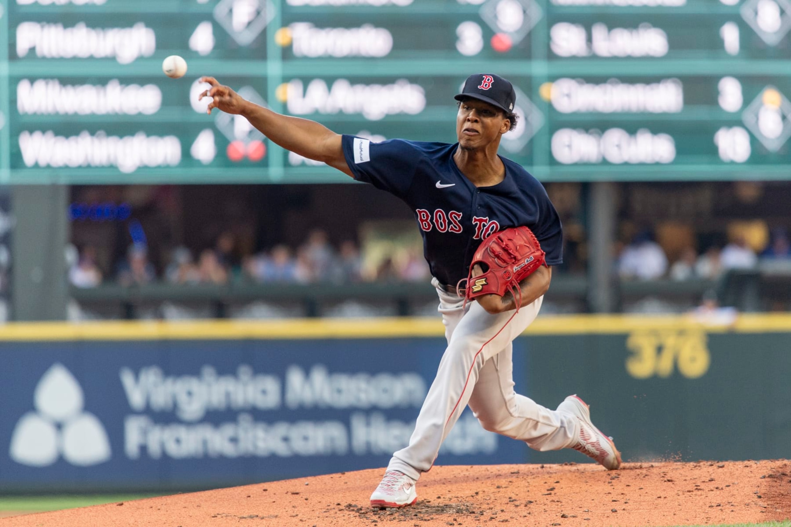 SEATTLE, WA - AUGUST 1: Brayan Bello #66 of the Boston Red Sox pitches during the first inning of a game against the Seattle Mariners on August 1, 2023 at T-Mobile Park in Seattle, Washington. (Photo by Maddie Malhotra/Boston Red Sox/Getty Images) SEATTLE, WA - AUGUST 1: Brayan Bello #66 of the Boston Red Sox pitches during the first inning of a game against the Seattle Mariners on August 1, 2023 at T-Mobile Park in Seattle, Washington. (Photo by Maddie Malhotra/Boston Red Sox/Getty Images)