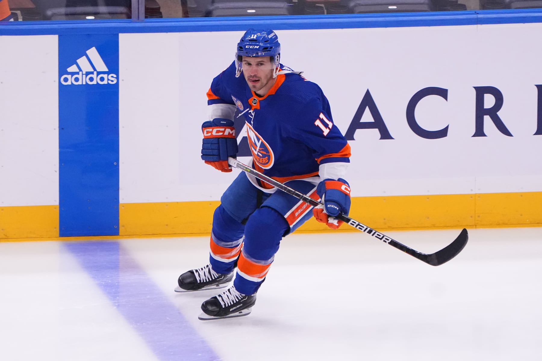ELMONT, NY - APRIL 21: New York Islanders Left Wing Zach Parise (11) during the first period  of Game 3 of the National Hockey League Eastern Conference First Round Playoff game between the Carolina Hurricanes and New York Islanders on April 21, 2023, at UBS Arena in Elmont, NY.  (Photo by Gregory Fisher/Icon Sportswire via Getty Images)