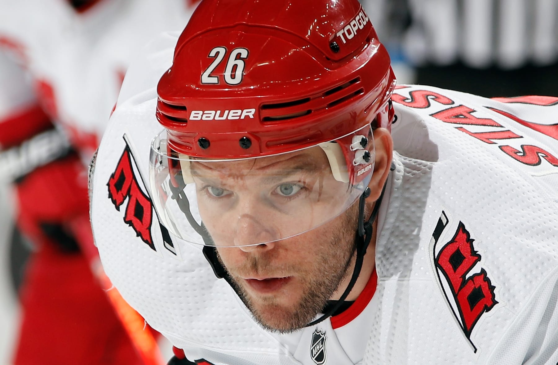 ELMONT, NEW YORK - APRIL 28: Paul Stastny #26 of the Carolina Hurricanes skates against the New York Islanders in Game Six of the First Round of the 2023 Stanley Cup Playoffs at UBS Arena on April 28, 2023 in Elmont, New York. (Photo by Bruce Bennett/Getty Images)