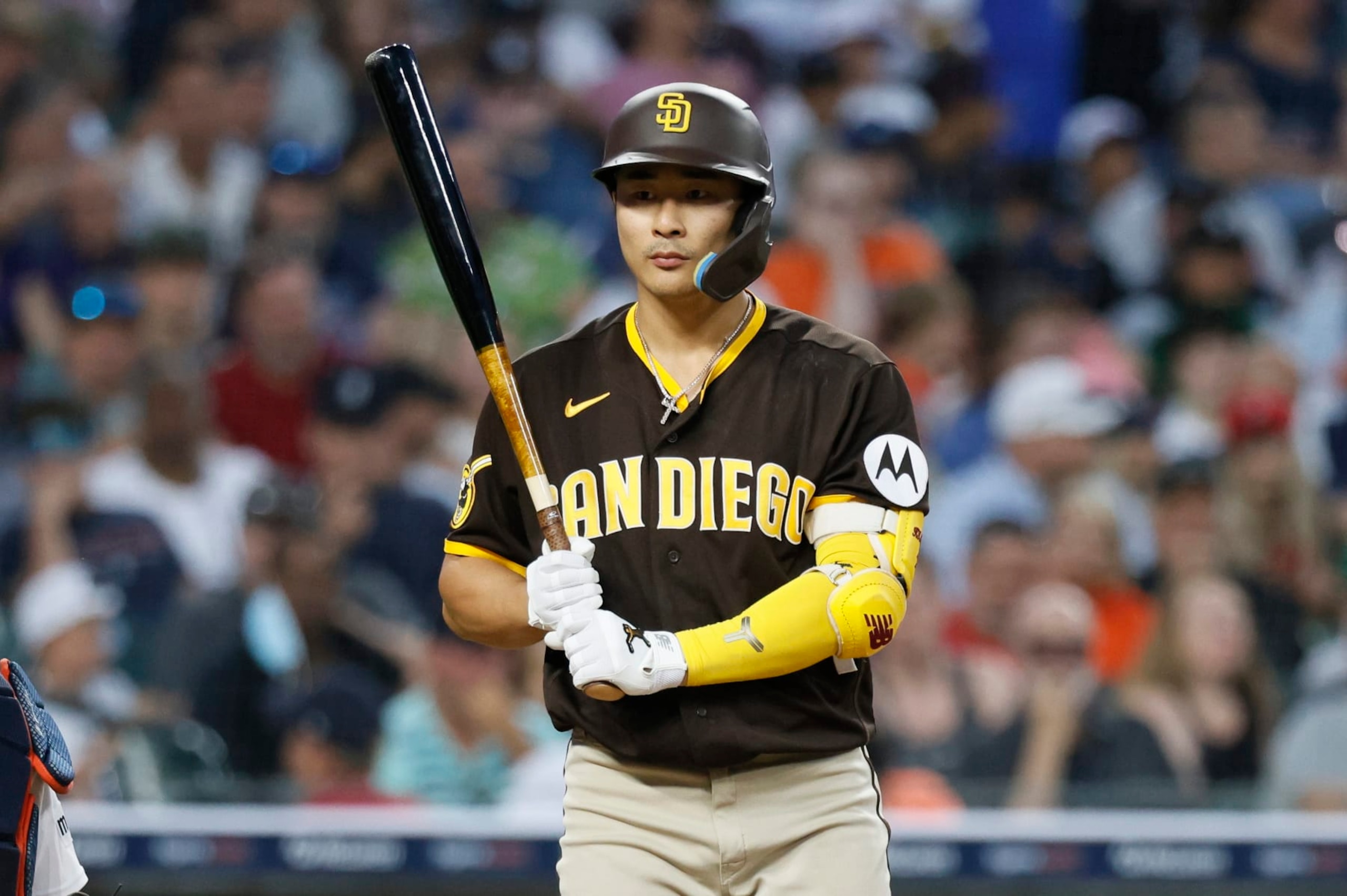 DETROIT, MI - JULY 21: Ha-Seong Kim #7 of the San Diego Padres during an at-bat against the Detroit Tigers in the ninth inning at Comerica Park on July 21, 2023 in Detroit, Michigan. (Photo by Duane Burleson/Getty Images) DETROIT, MI - JULY 21: Ha-Seong Kim #7 of the San Diego Padres during an at-bat against the Detroit Tigers in the ninth inning at Comerica Park on July 21, 2023 in Detroit, Michigan. (Photo by Duane Burleson/Getty Images)