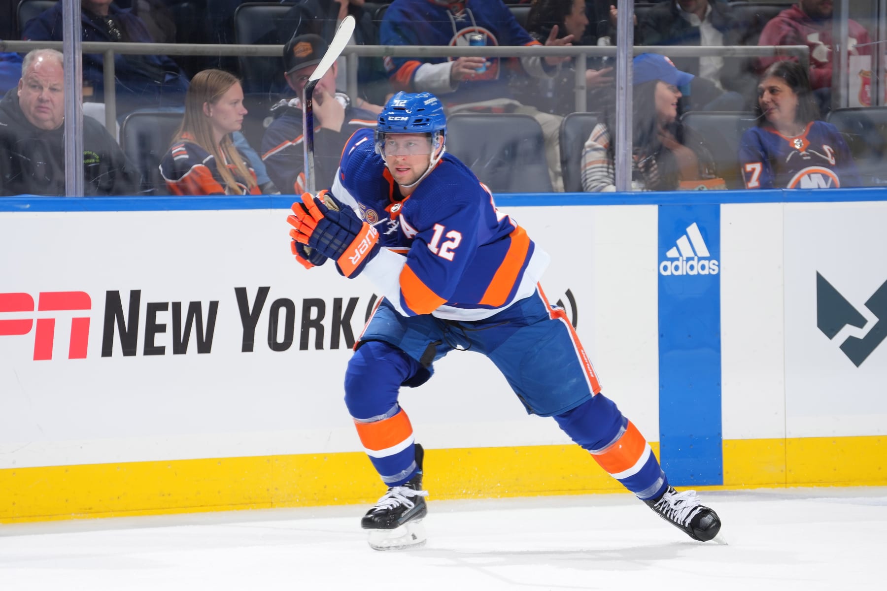 ELMONT, NEW YORK - FEBRUARY 07: Josh Bailey #12 of the New York Islanders in action against the Seattle Kraken at UBS Arena on February 07, 2023 in Elmont, New York. New York Islanders defeated the Seattle Kraken 4-0. (Photo by Mike Stobe/NHLI via Getty Images)