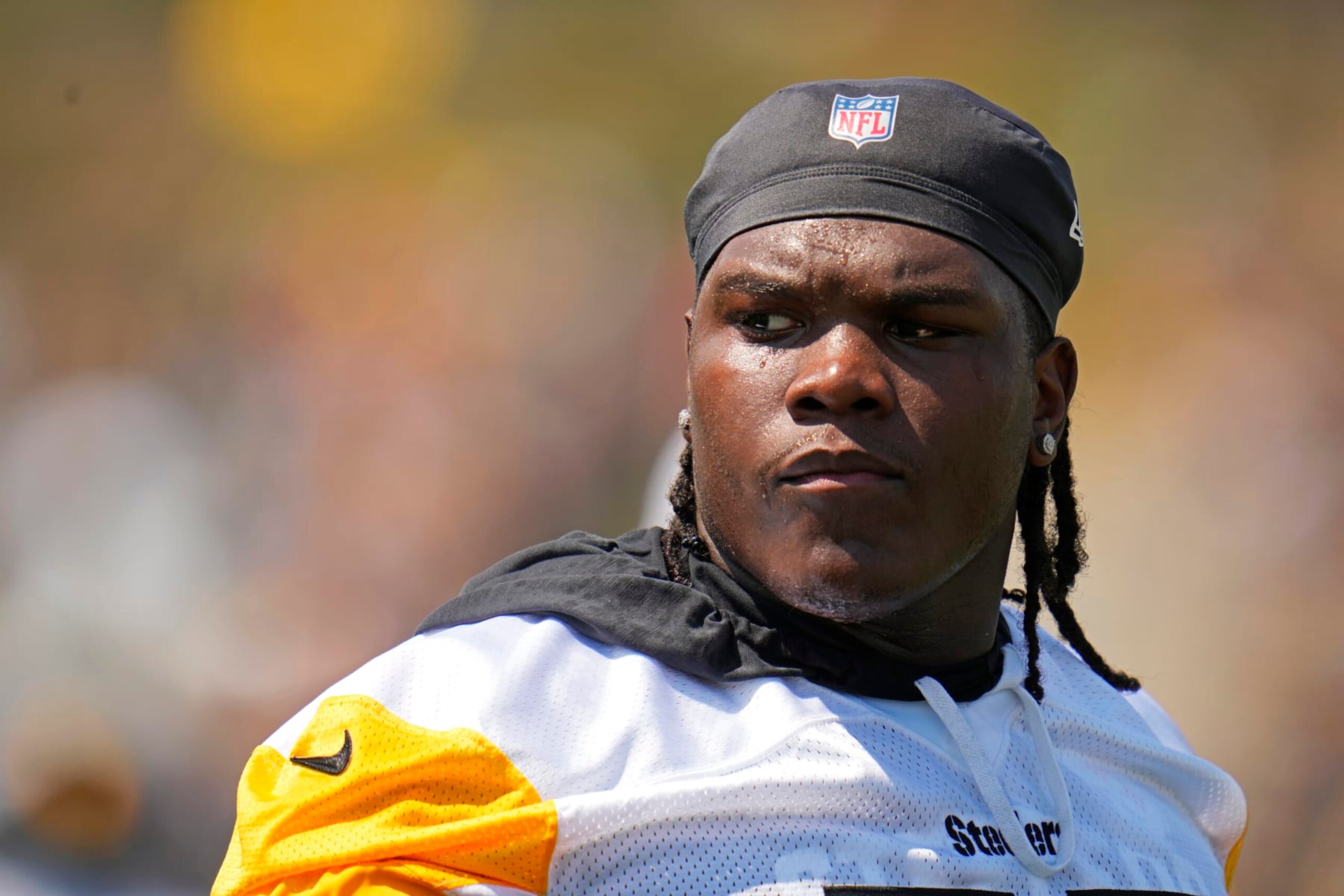 Pittsburgh Steelers' Broderick Jones participates in the NFL football team's training camp workout in Latrobe, Pa., Friday, July 28, 2023. (AP Photo/Gene J. Puskar)